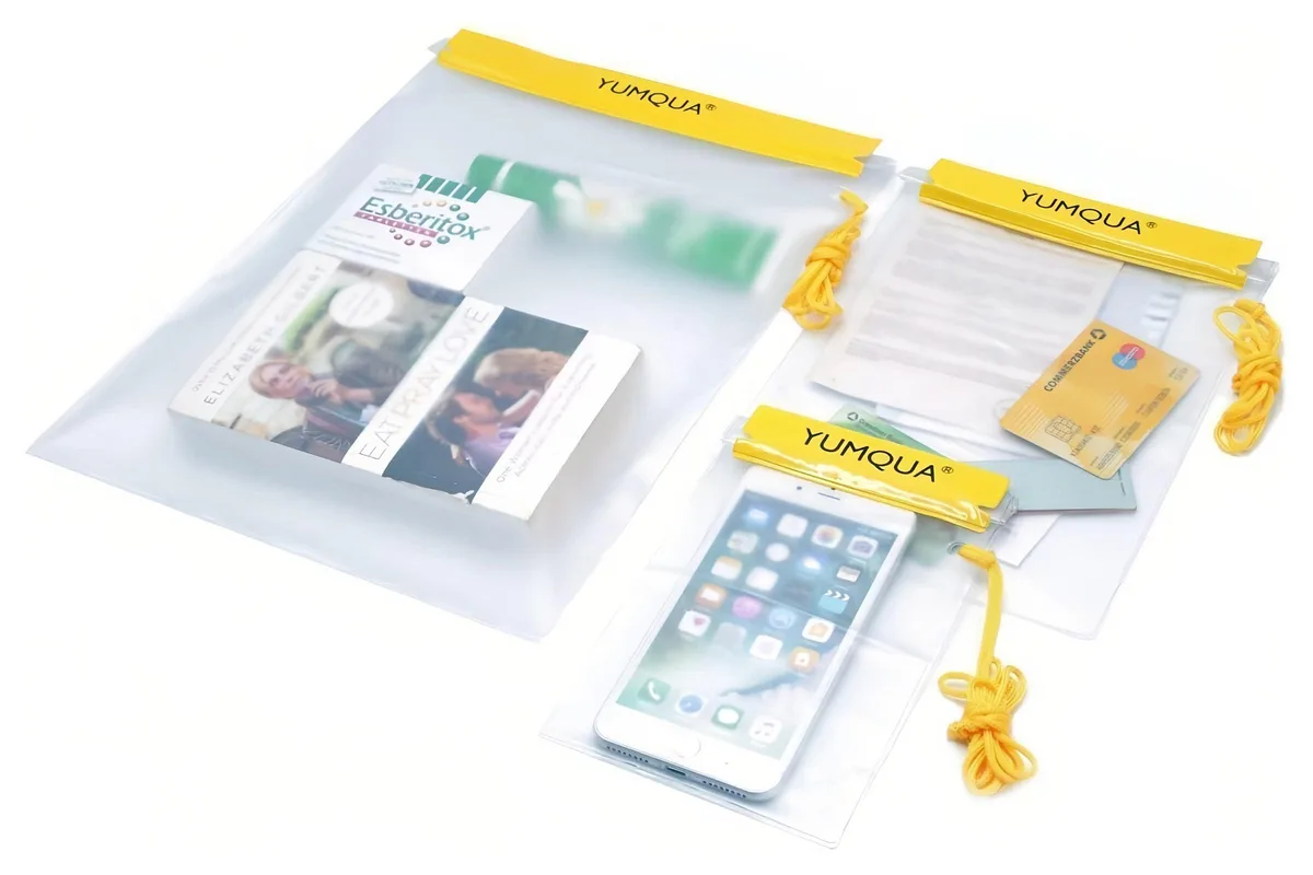 Three yellow transparent PVC pouches with zip and fold-over tape seals, shown flat with lanyards attached