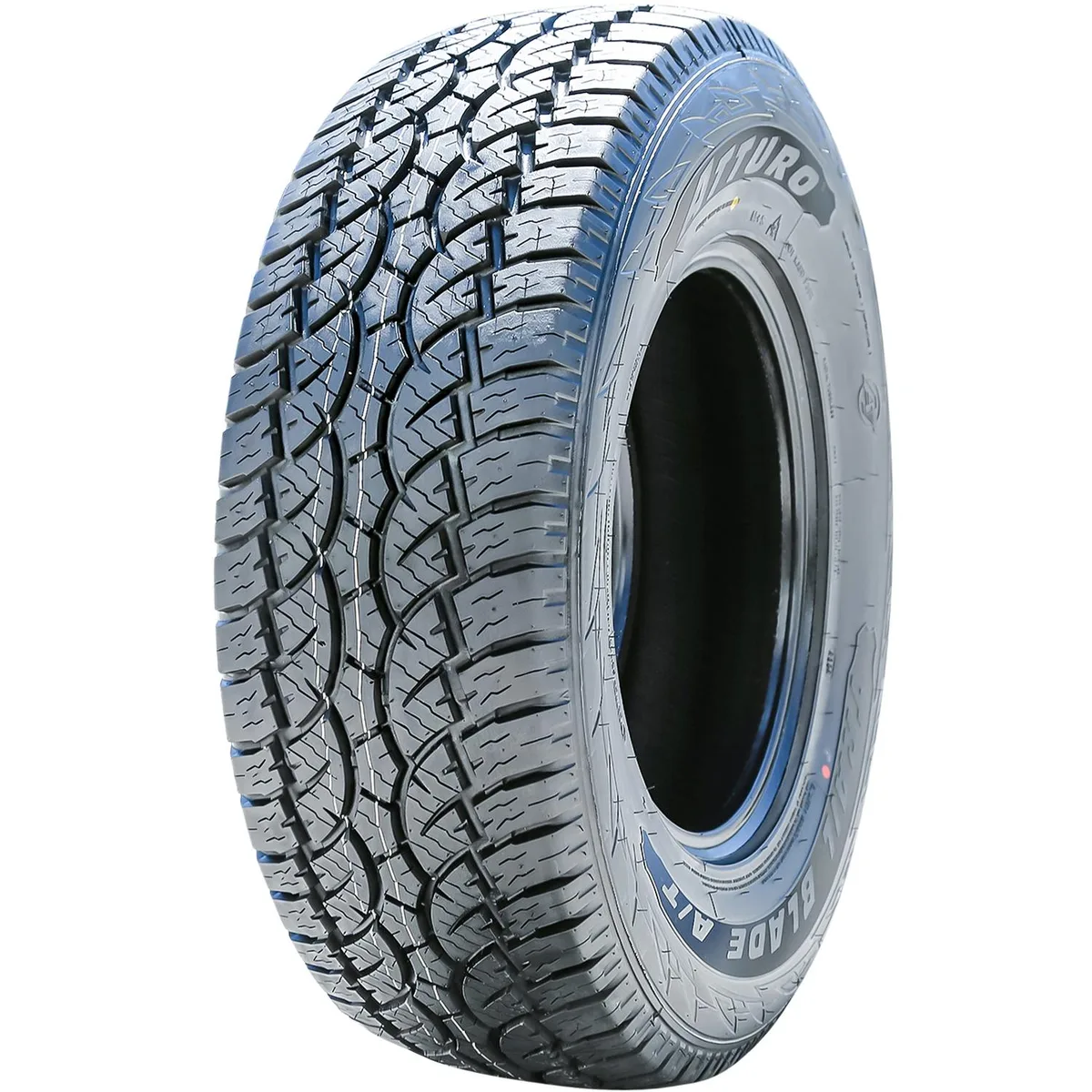 Black sidewall all-terrain tire with aggressive tread pattern shown mounted on wheel