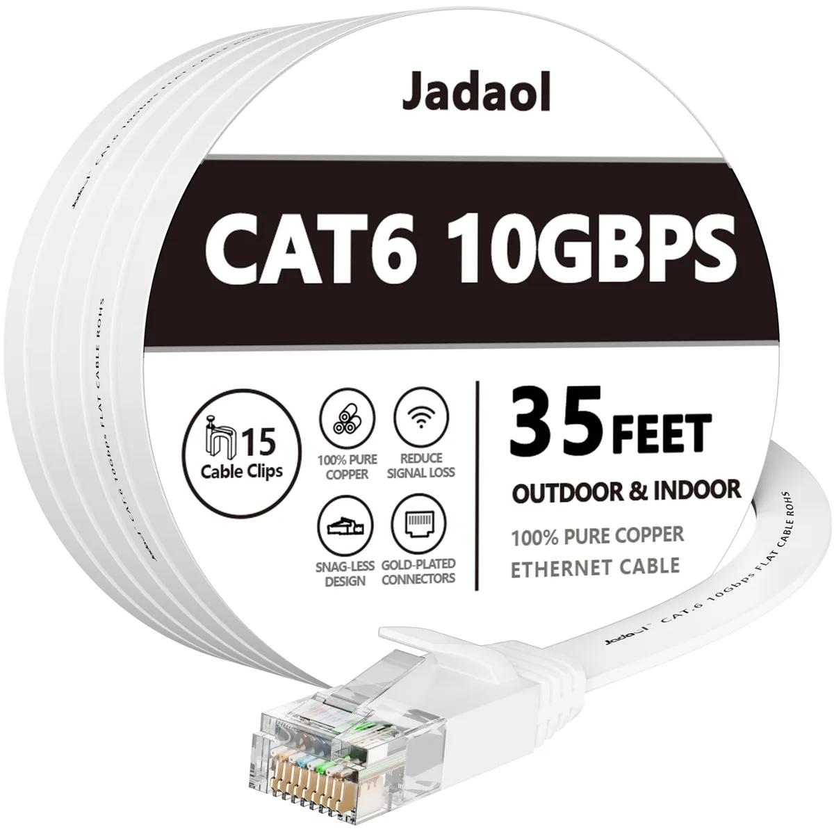 Jadaol Cat 6 Flat Ethernet Cable 35 ft White 15 clips — product photo