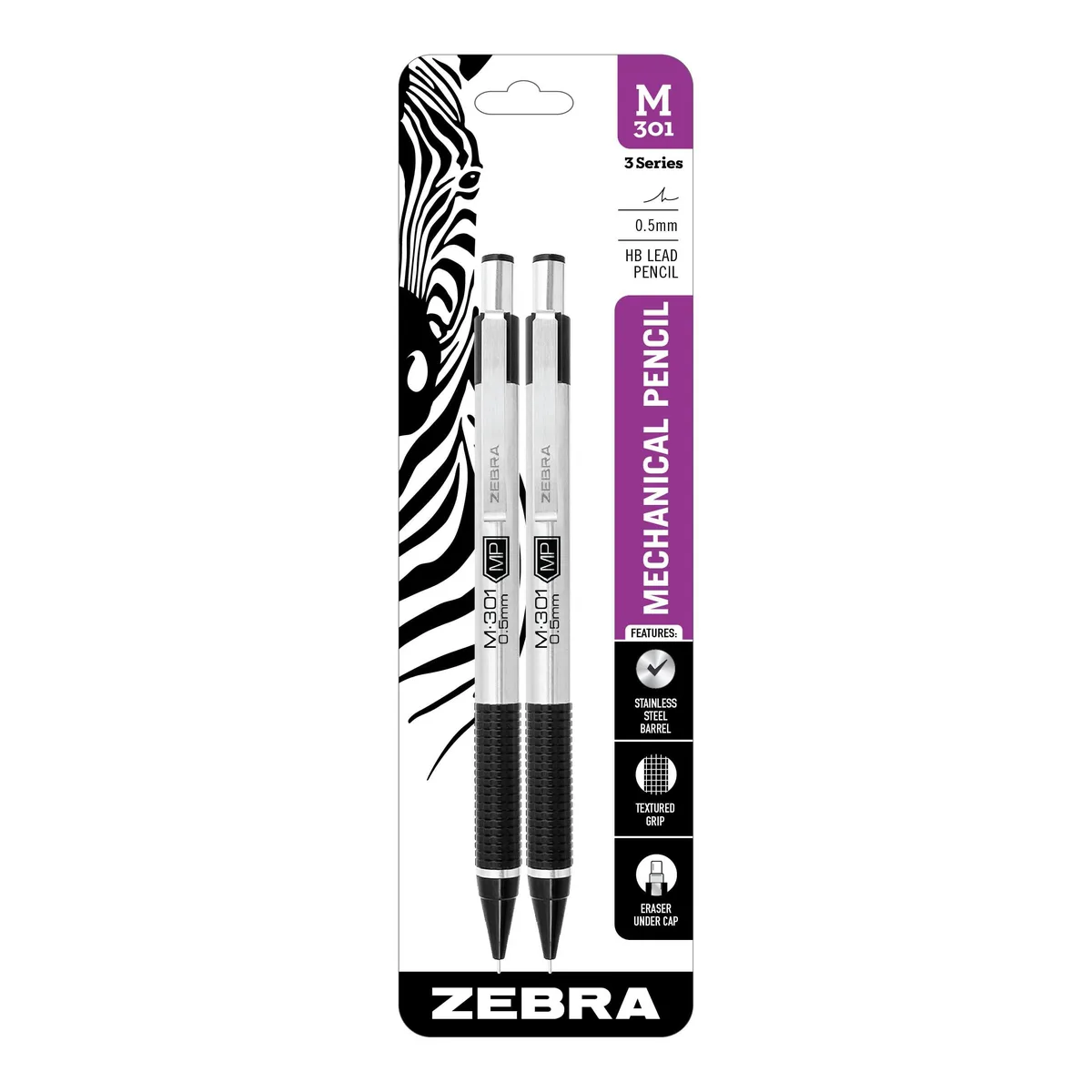Two stainless steel mechanical pencils, 0.5 mm fine point, retractable, with metal clips and textured grips
