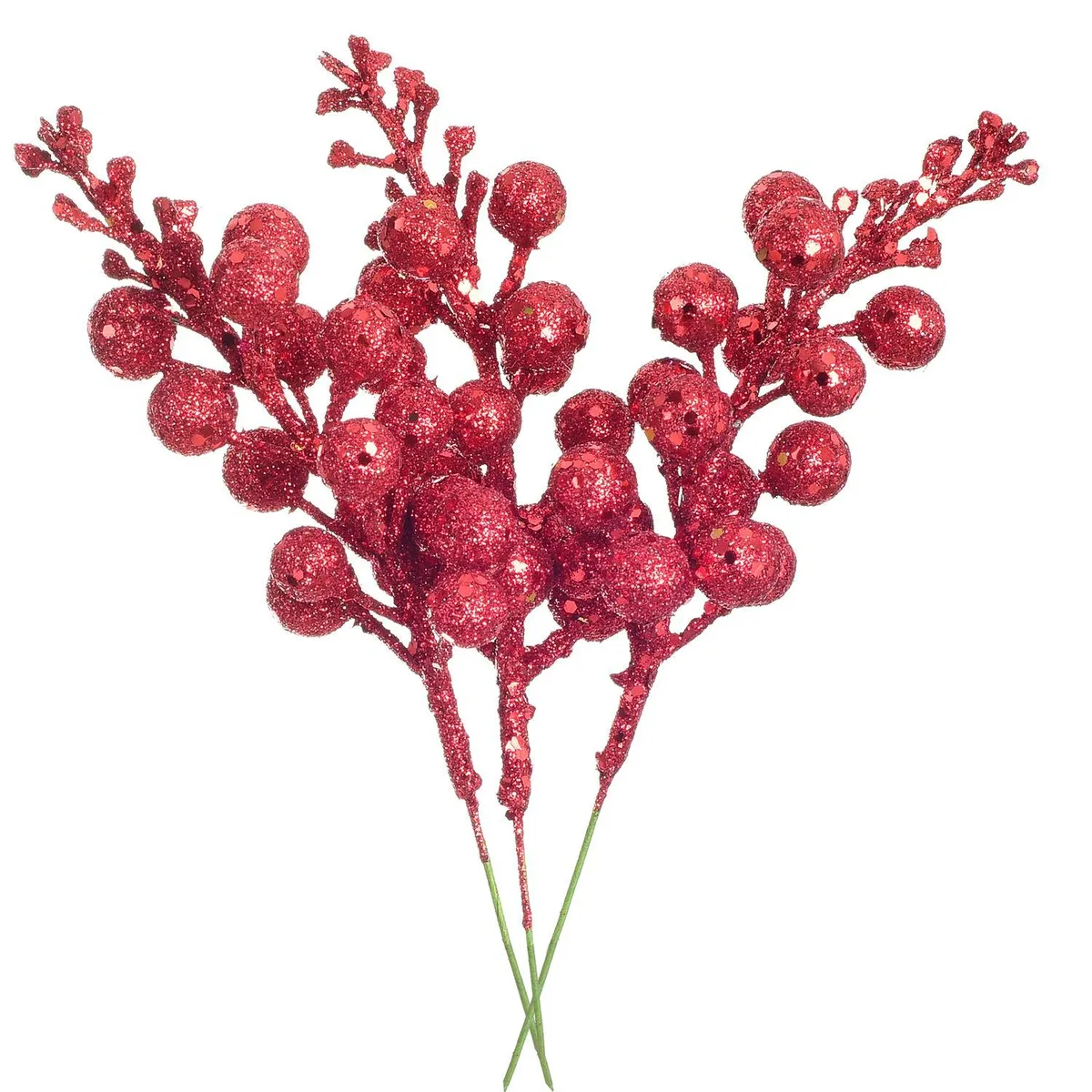 Sixteen red glitter berry stems in a box