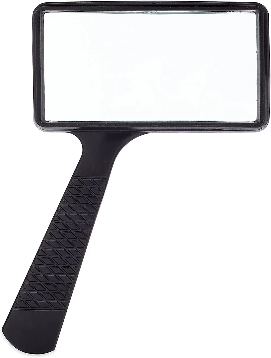 Twelve rectangular glass magnifiers with black plastic frames arranged in a pack