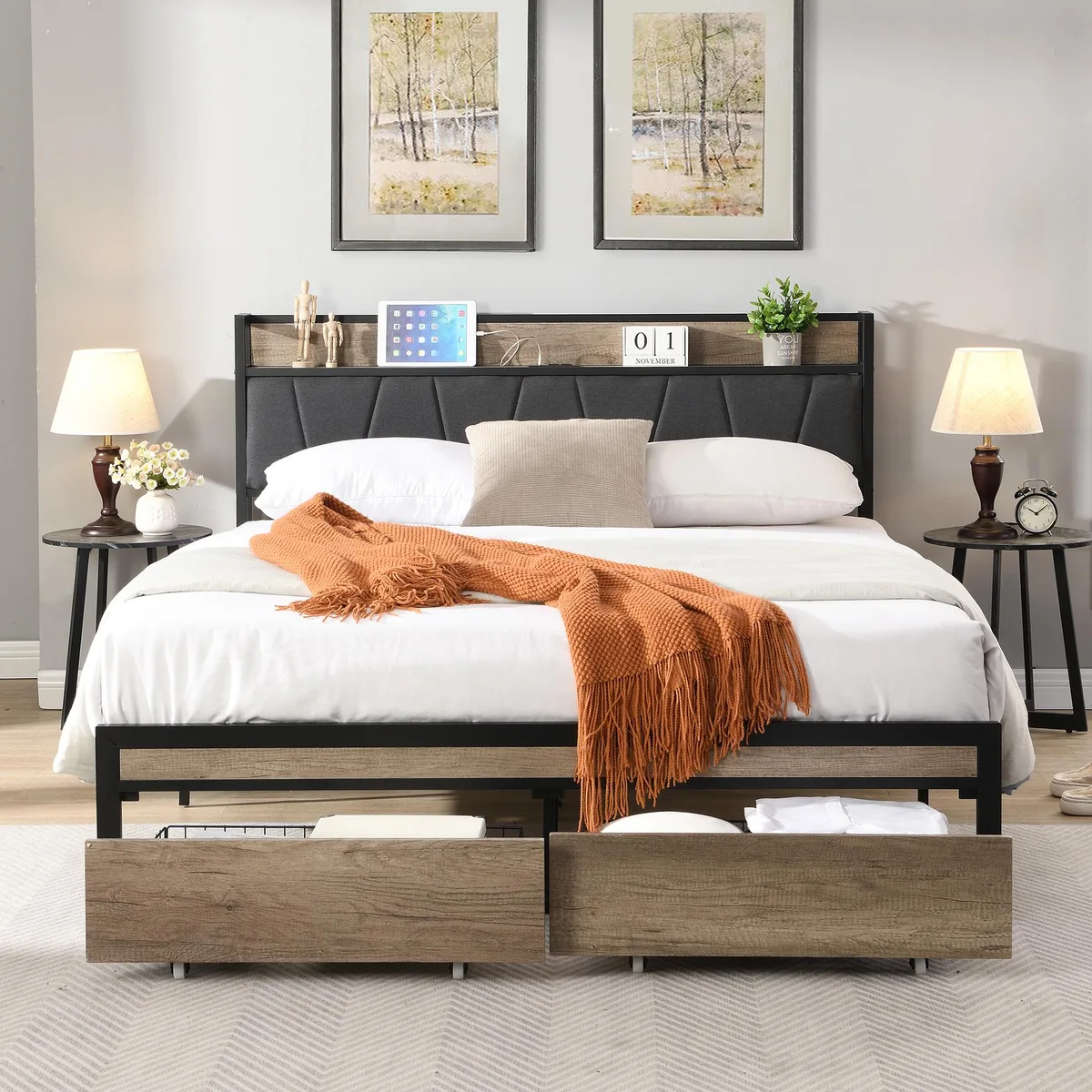 tuphen tuphen Full Metal Platform Bed with Upholstered Headboard USB and Storage Drawers Black Grey — product photo