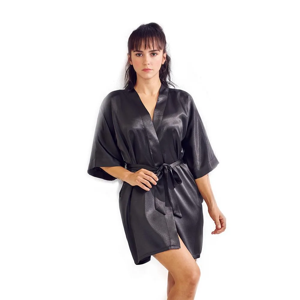 Black satin kimono robe, short length, three-quarter sleeves, waist tie, lightweight silky finish