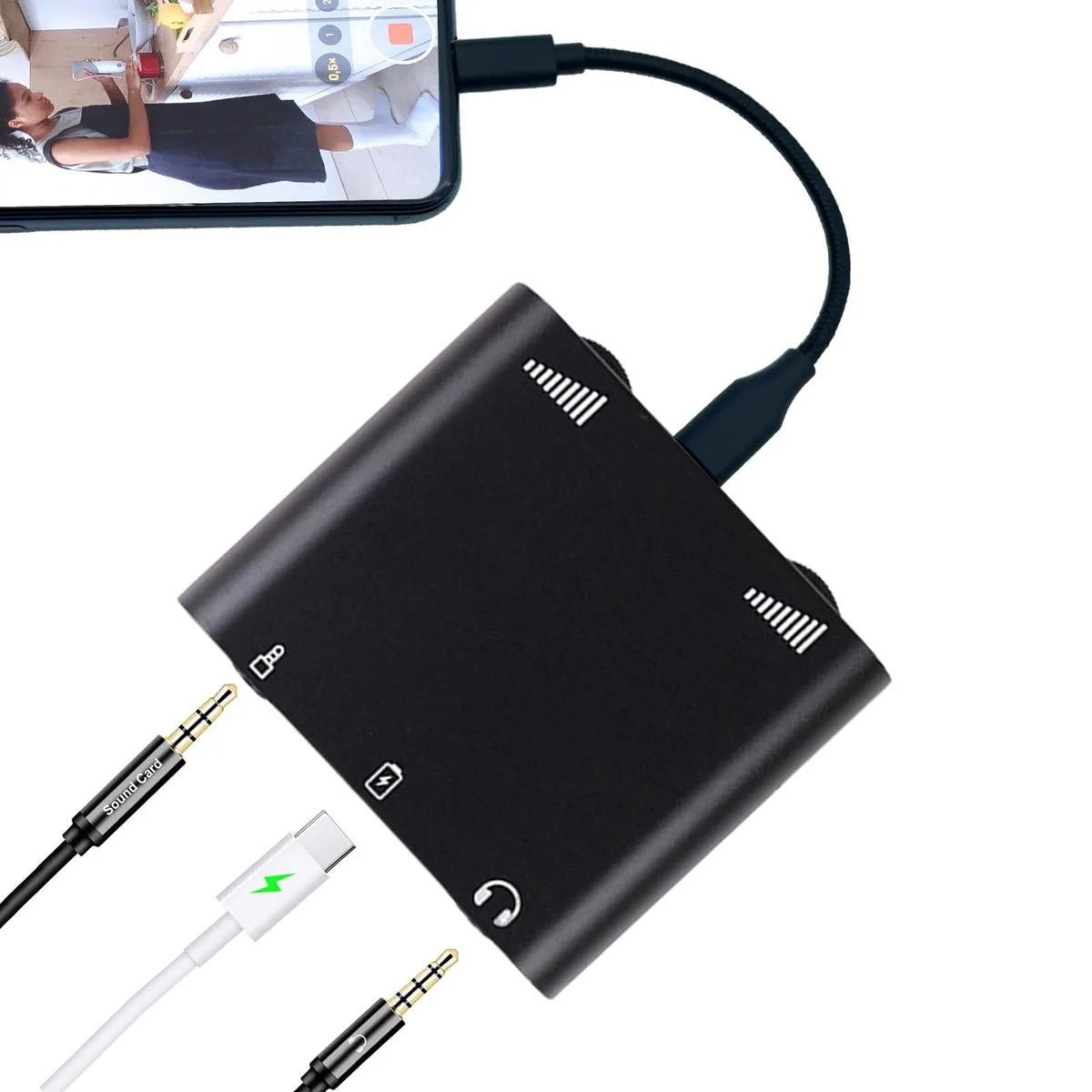 Black Lightning 3-in-1 audio adapter with charging port