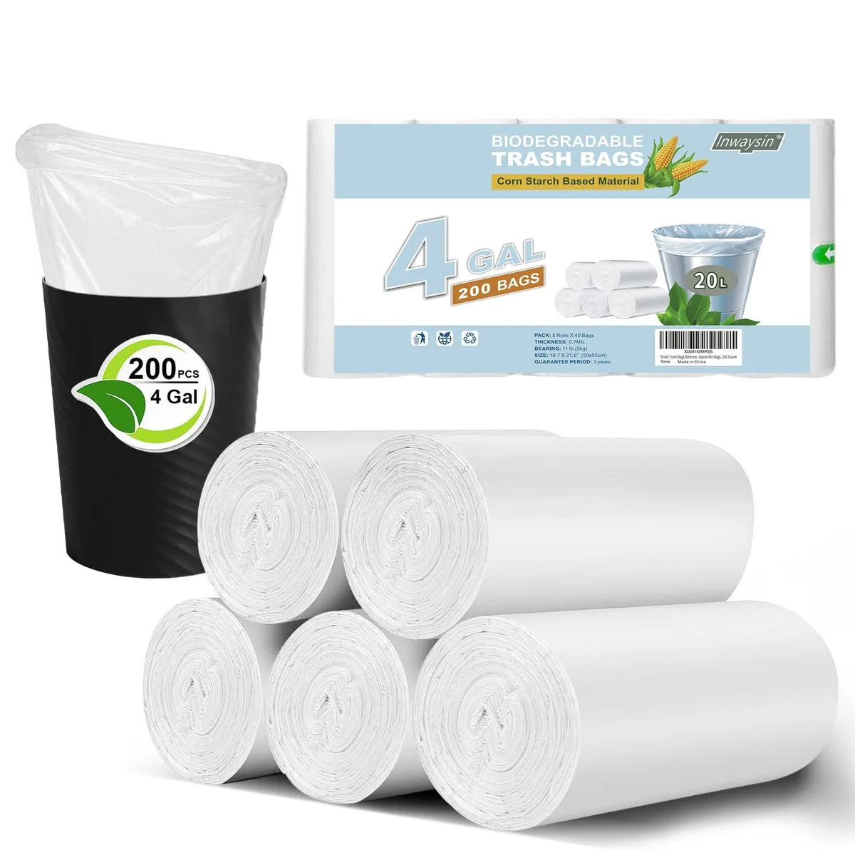 White biodegradable trash bags on a roll, 200-count pack