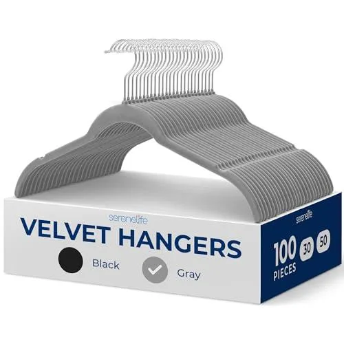 A bundle of 100 grey velvet hangers with swivel hooks