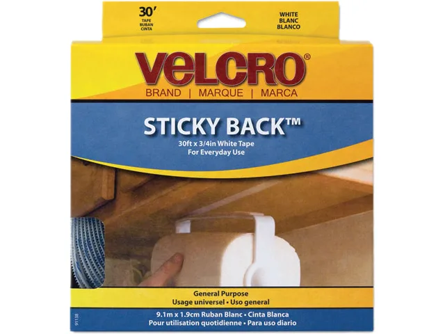 White hook and loop fastener roll in dispenser box