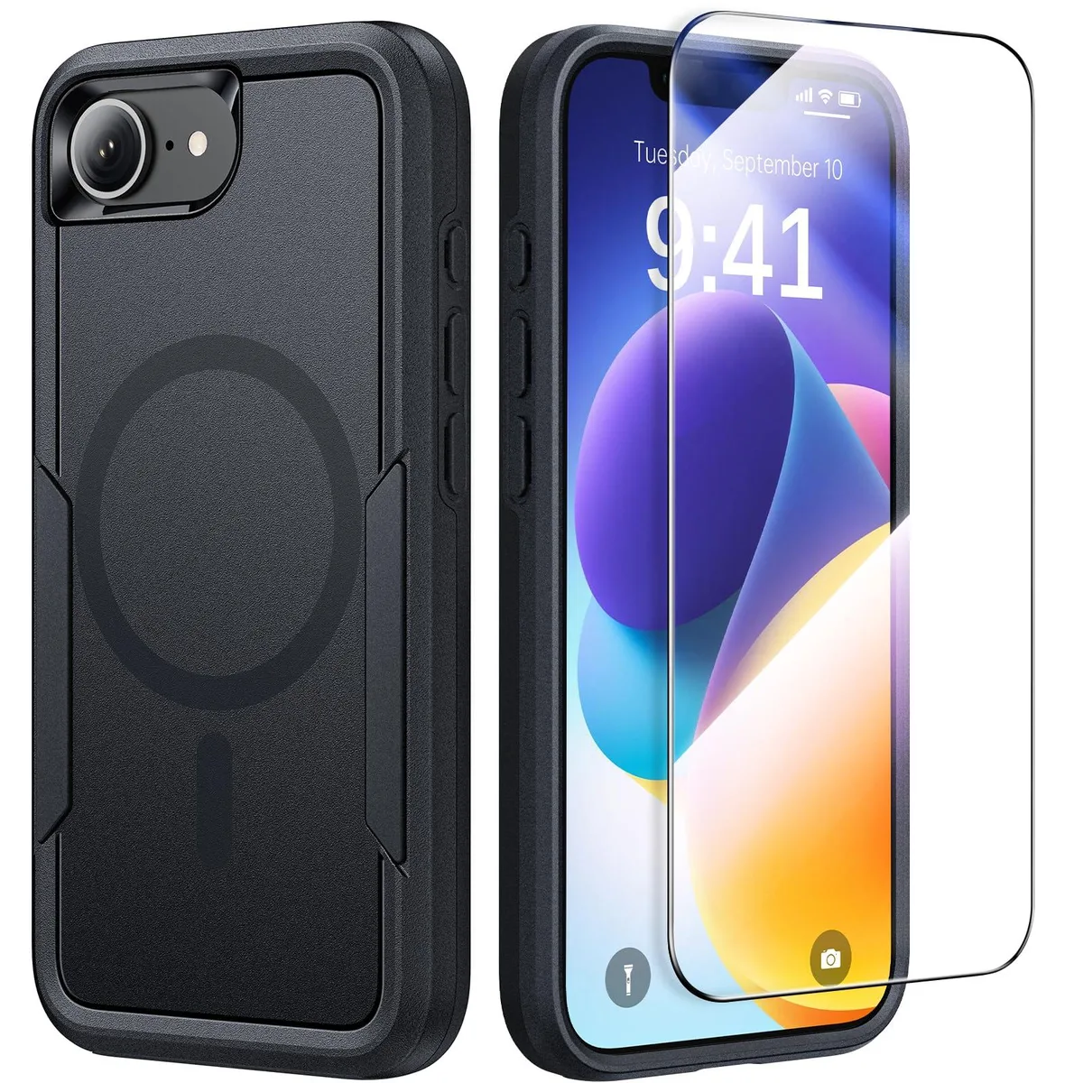 Black rugged case with screen protector for iPhone 17e 6.1