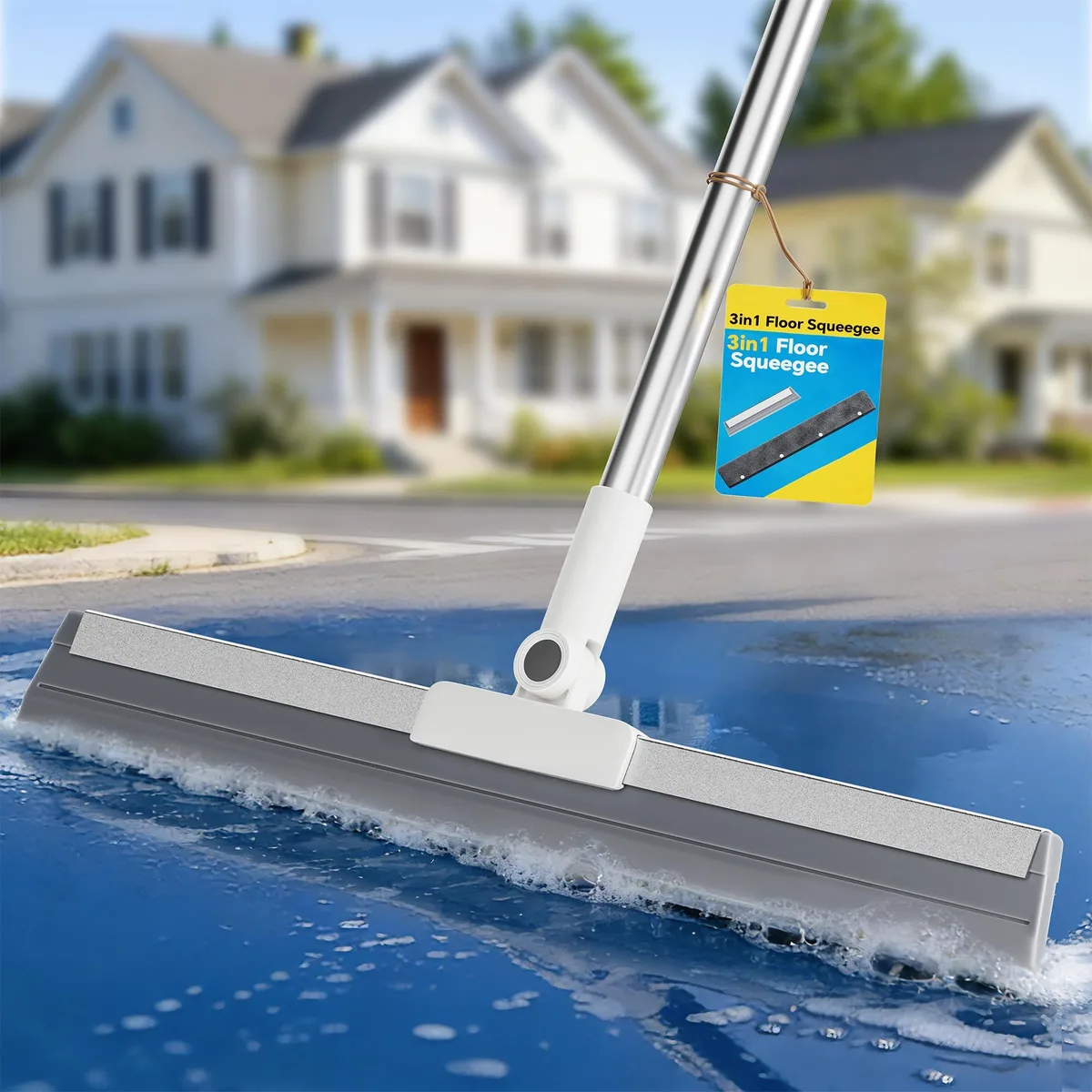 White 3M floor squeegee broom kit with 62in adjustable handle, two replacement heads and microfiber cloth