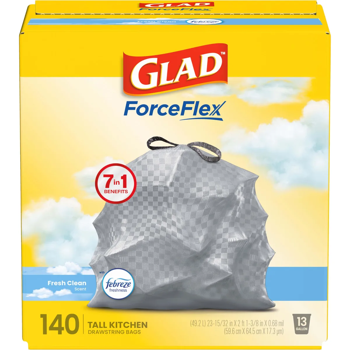 Box of 140 gray 13 gallon drawstring kitchen trash bags