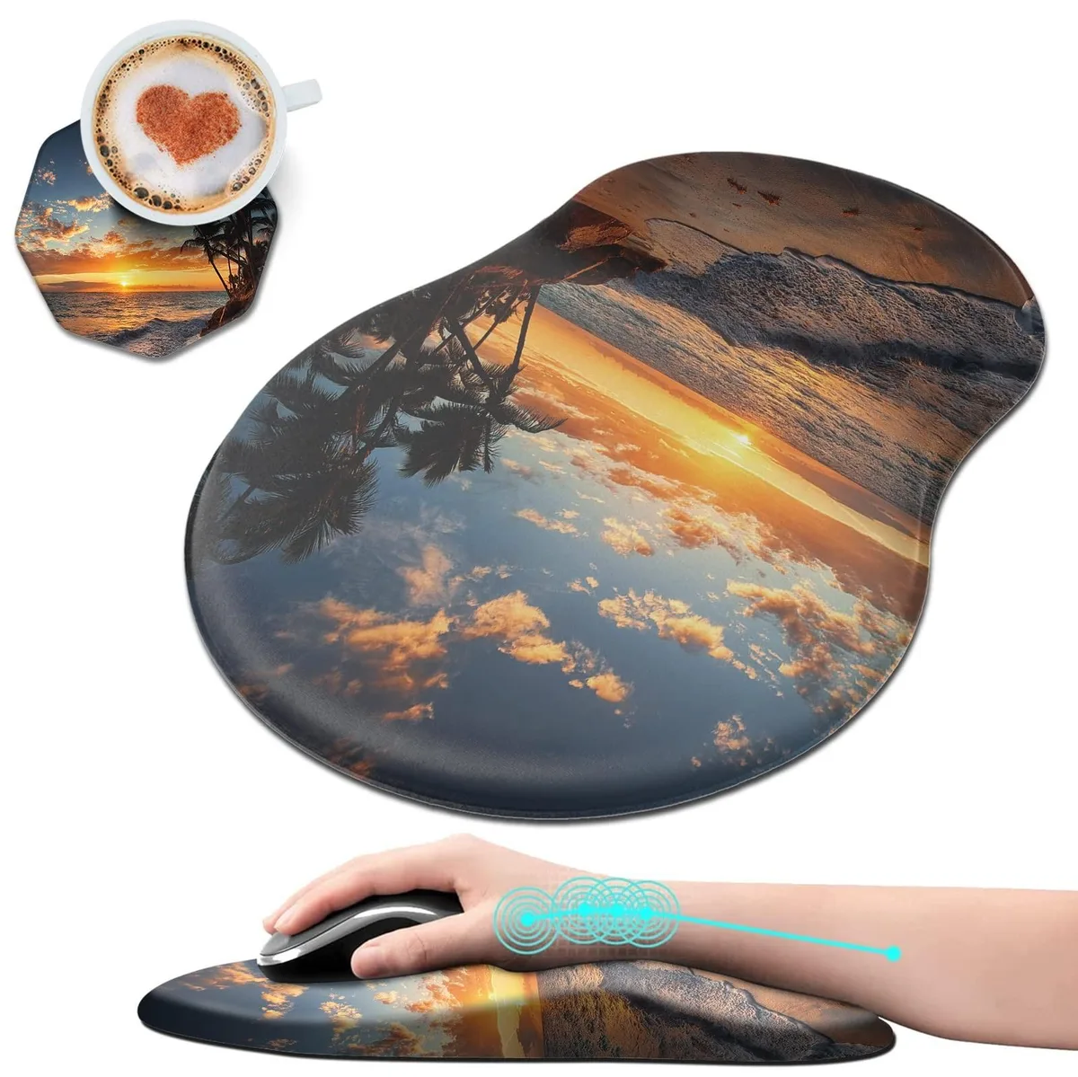 KW-Commerce KW-Commerce Ergonomic Mouse Pad with Wrist Rest + Cup Coasters Sunset Beach 13 x 8.66 x .86 in — product photo