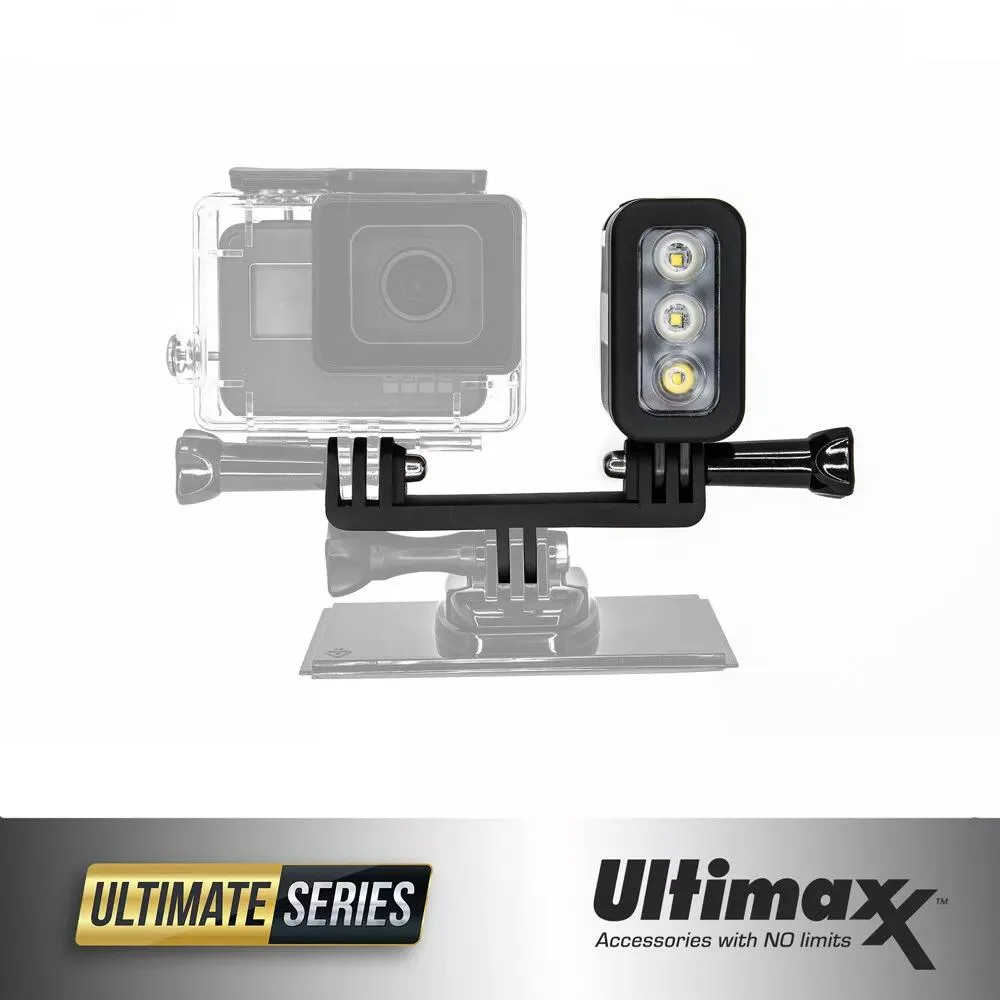 Compact rectangular LED dive light with integrated GoPro mount and USB charging port