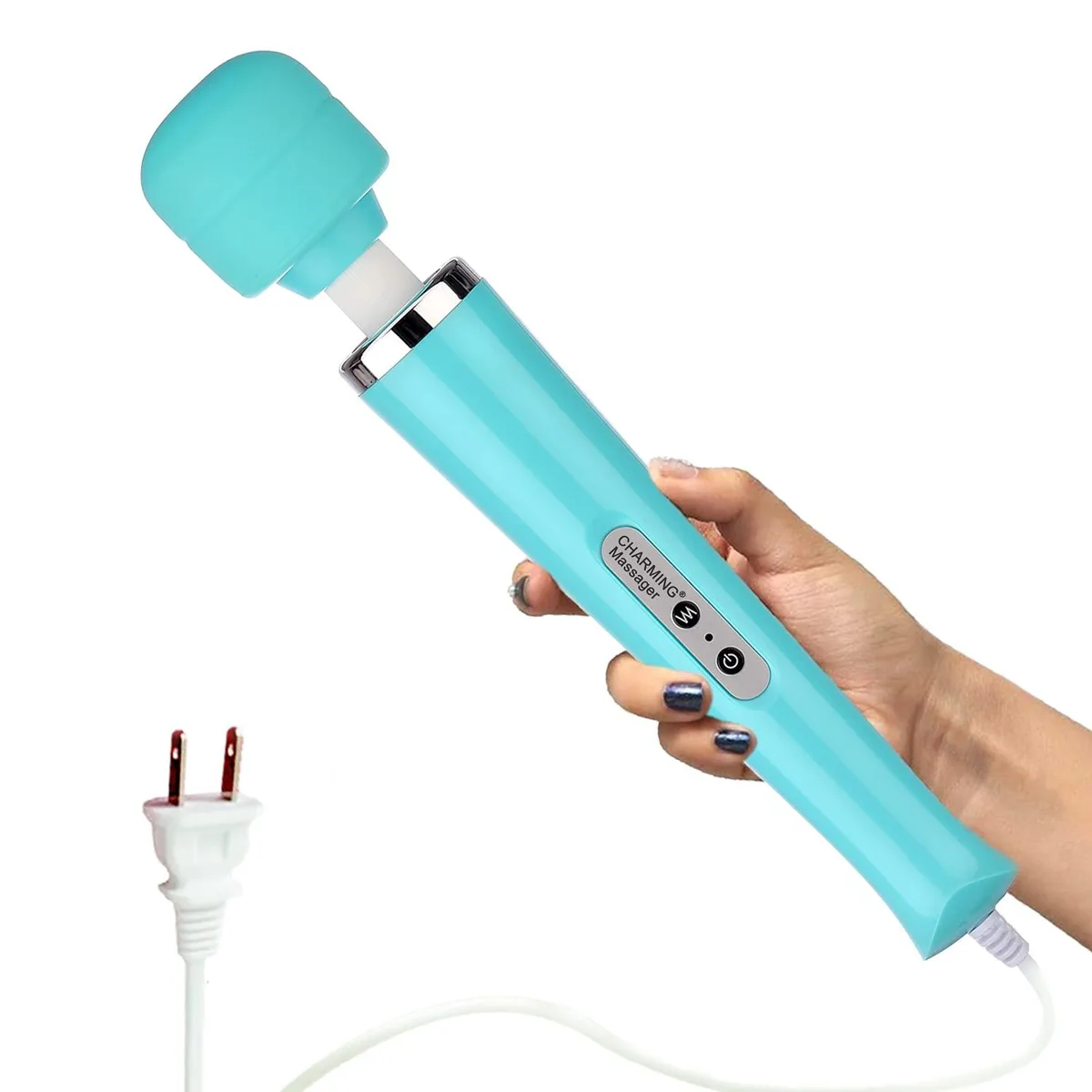 Light blue handheld wand massager with flexible neck and removable soft head, corded electric