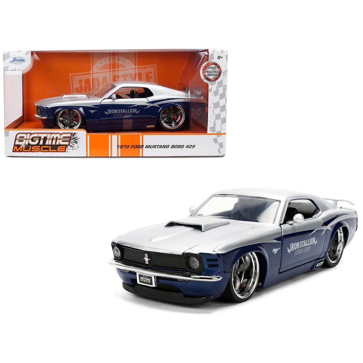 Jada Jada 1970 Ford Mustang Boss 429 Iron Stallion Speed Shop Silver Dark Blue 1/24 Diecast — product photo