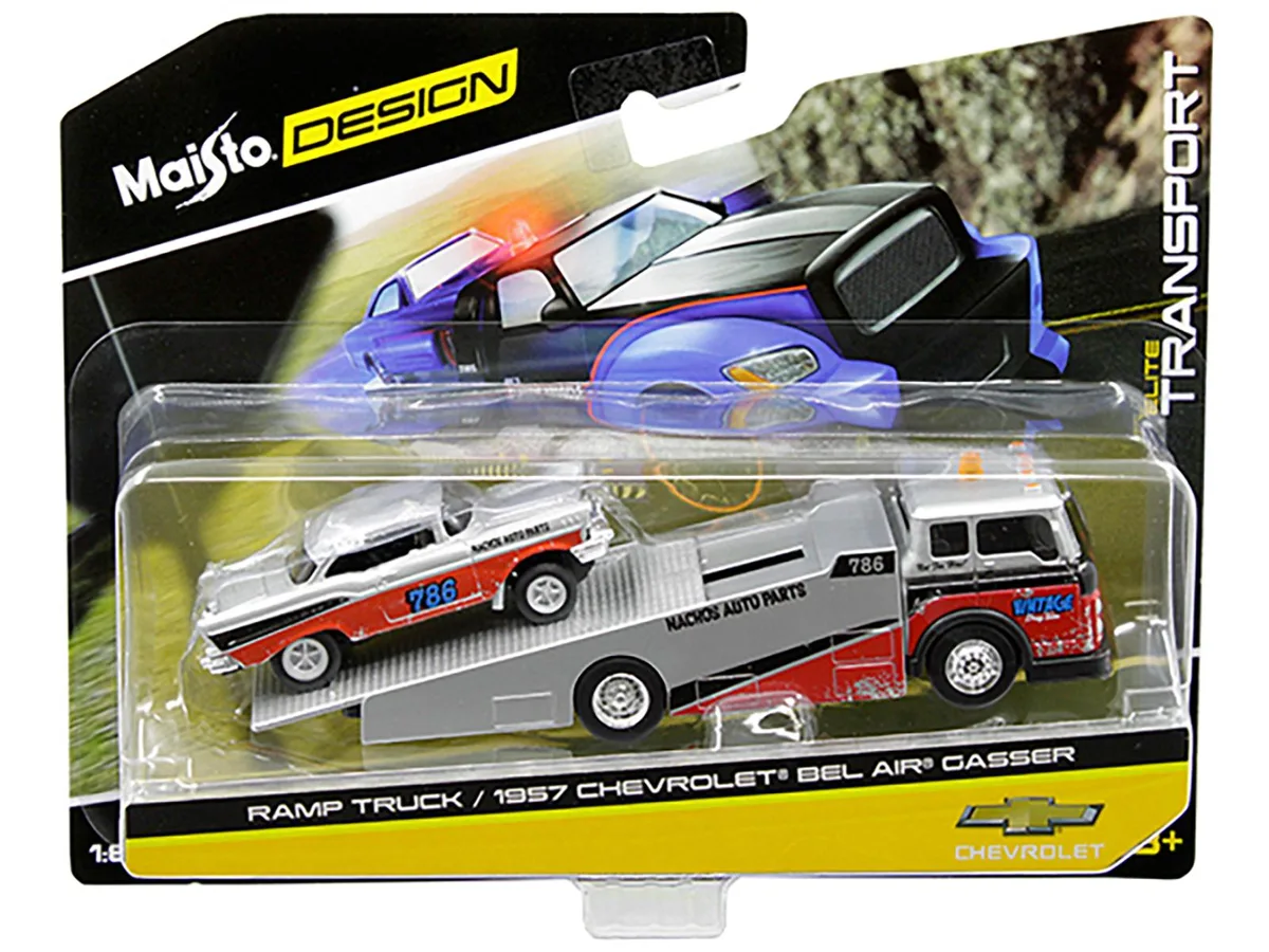 Maisto Maisto 1957 Chevrolet Bel Air Gasser #786 Silver Red with Ramp Tow Truck Elite Transport 1/64 Diecast Vehicle — product photo