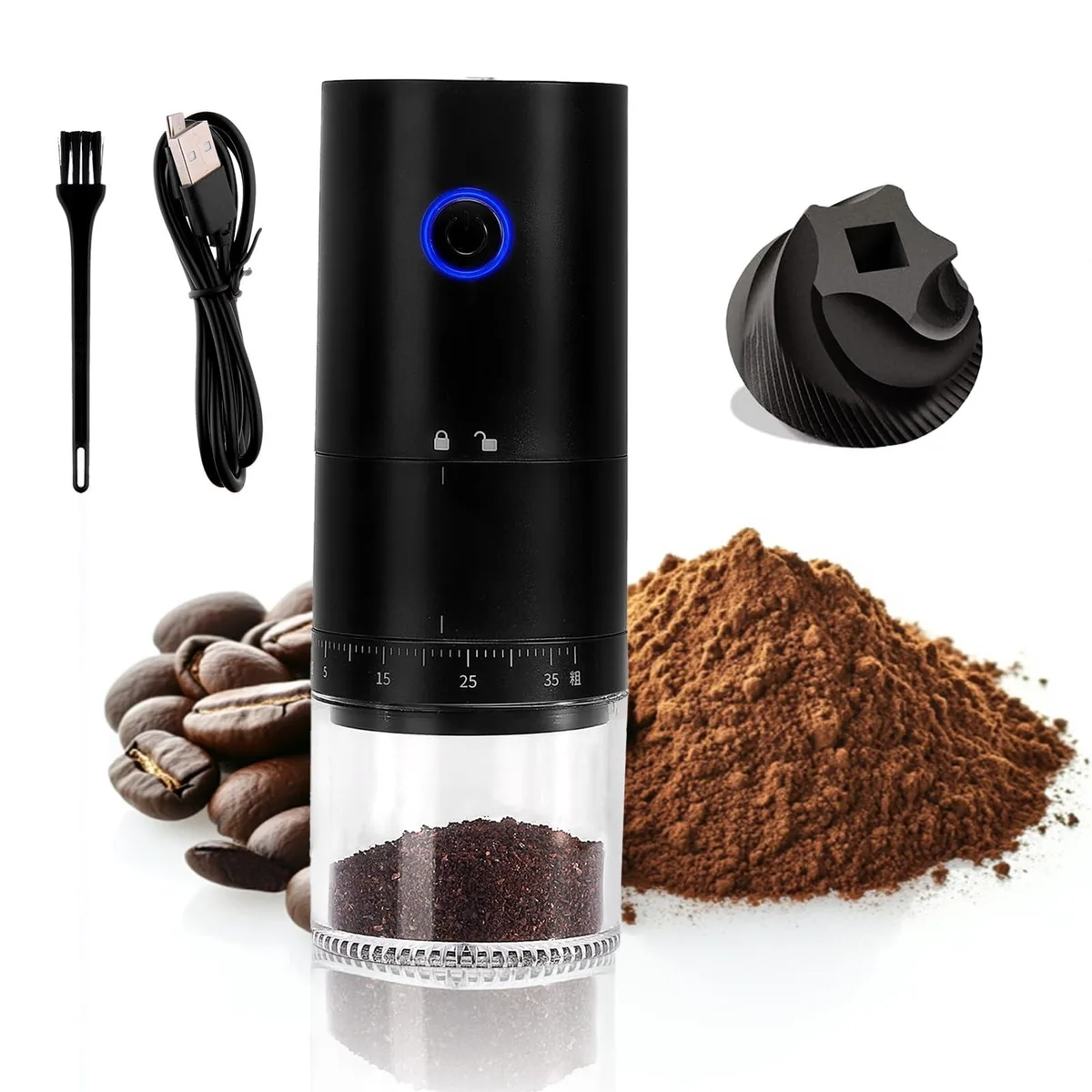  Portable Electric Coffee Grinder 38 Settings 1500mAh Silver — product photo