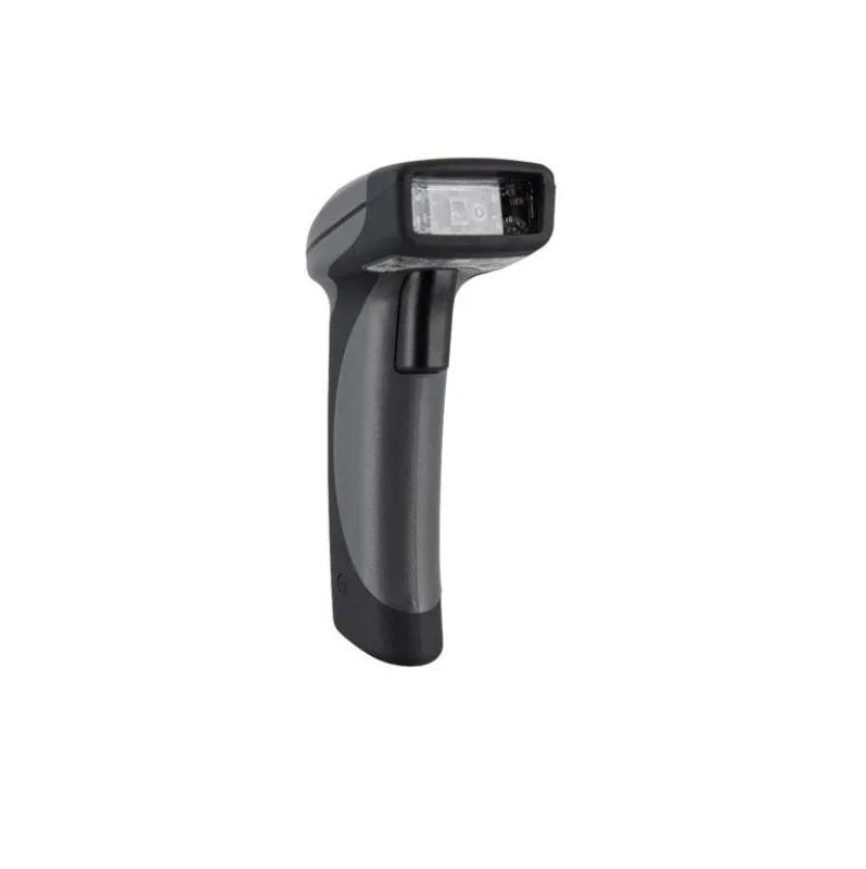 Dark grey handheld barcode scanner with coiled USB cable