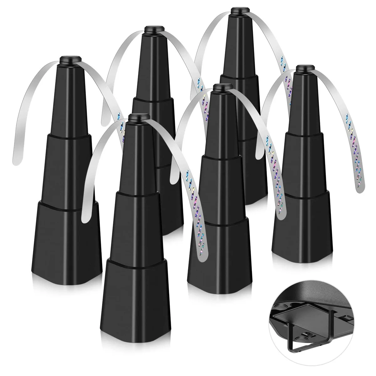 Six black portable fly-repellent fans with holographic blades and bottom hooks