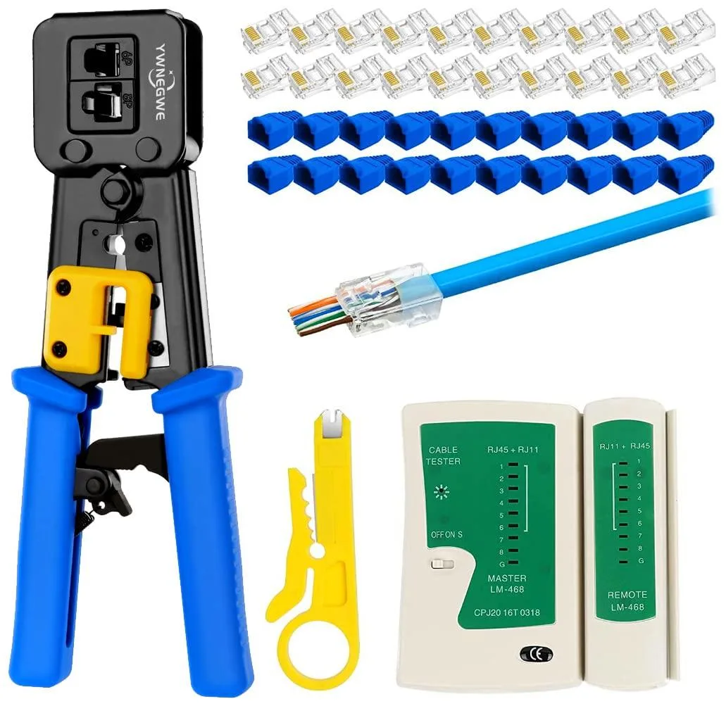 KEHIPI KEHIPI RJ45 Crimp Tool Kit Pass Thru Cat5 Cat5e Cat6 with 20 Connectors, Covers, Punch Down Cutter, Tester — product photo
