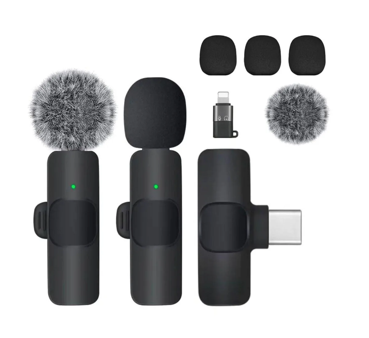Two small clip-on wireless microphones with a receiver, matte black finish