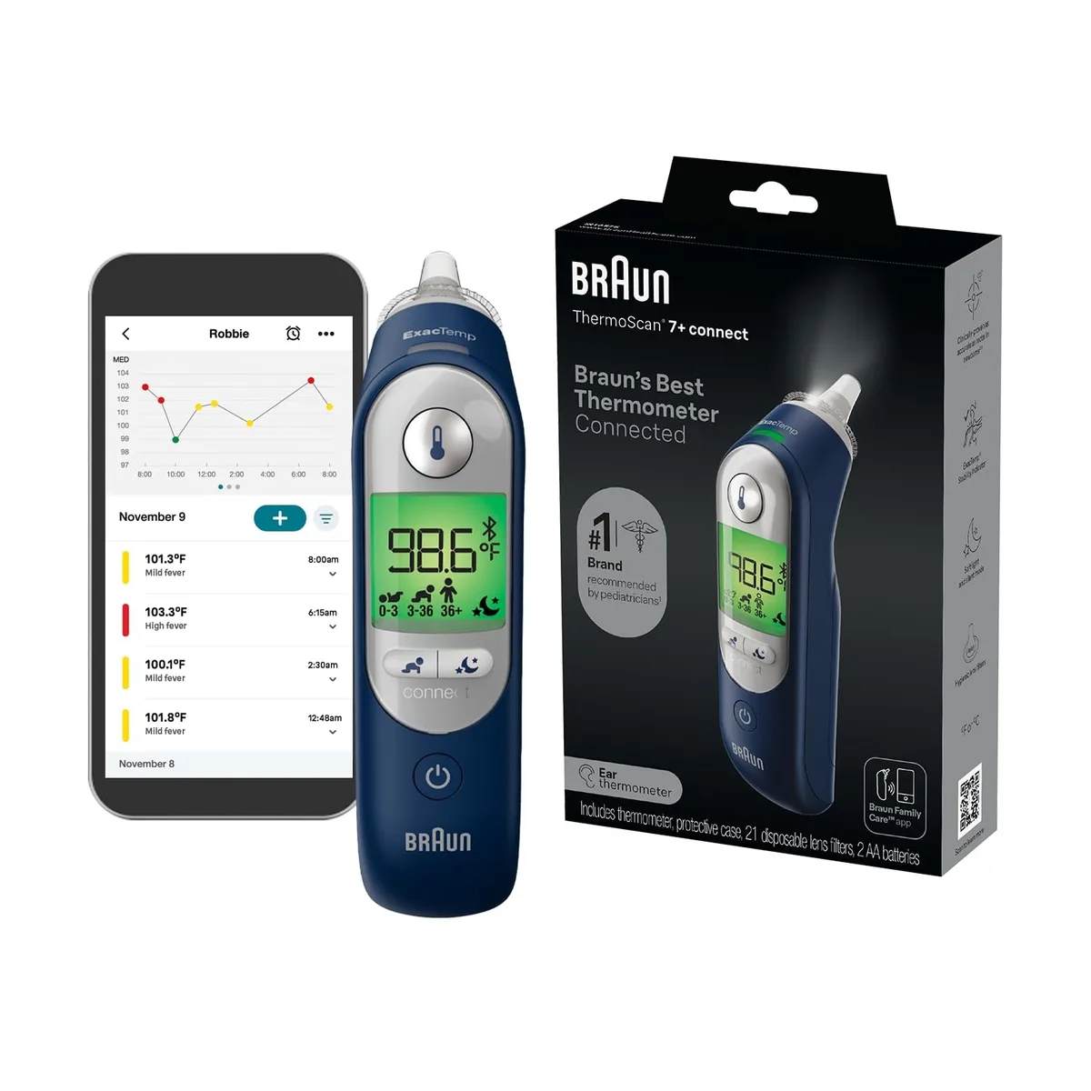 Blue digital ear thermometer with pre-warmed tip, lens filters and storage cradle