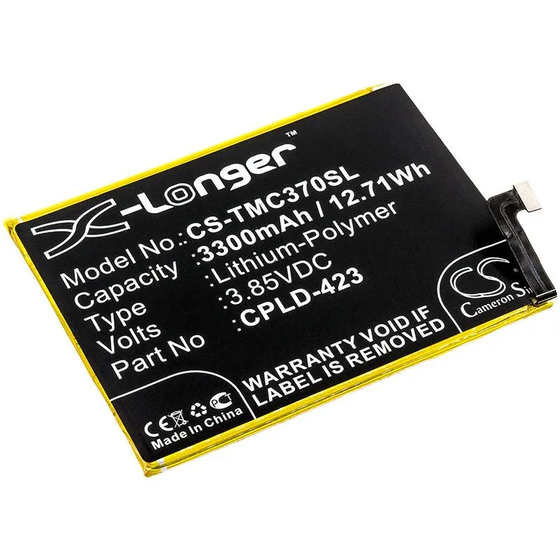 Rectangular replacement battery for Revvl Plus, black plastic casing, gold contacts visible