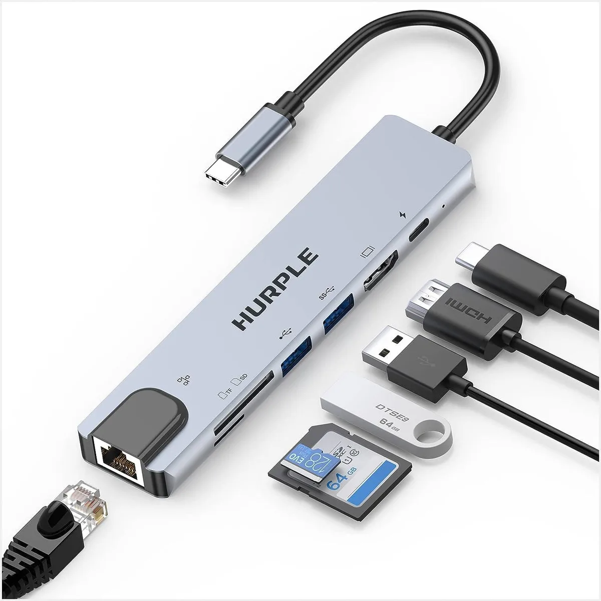 censreal censreal 7-in-1 USB-C Hub 4K HDMI RJ45 100W PD USB 3.0 SD/TF adapter — product photo