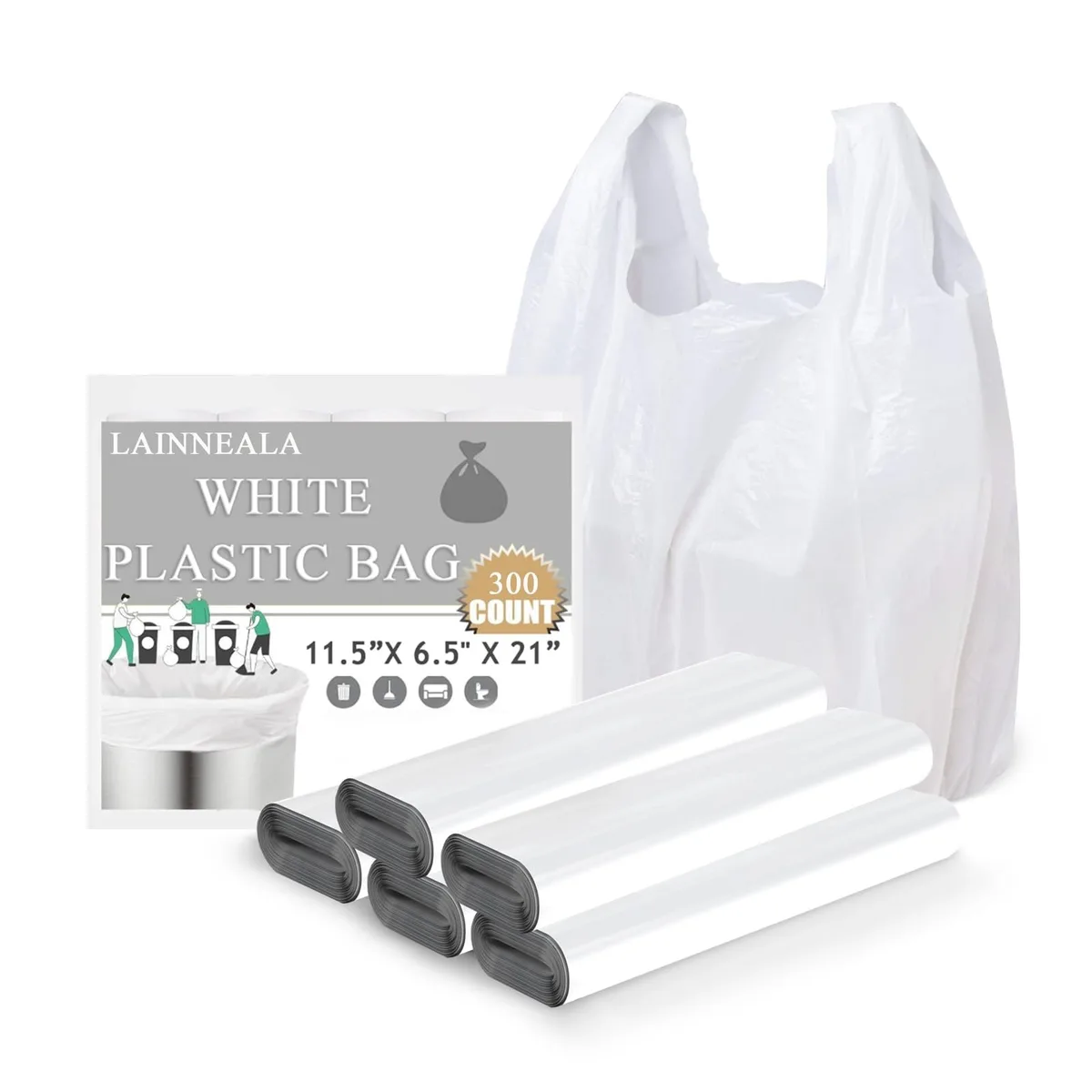 A stack of 300 white plastic T-shirt bags with handles, 11.5 by 6.5 by 21 inches