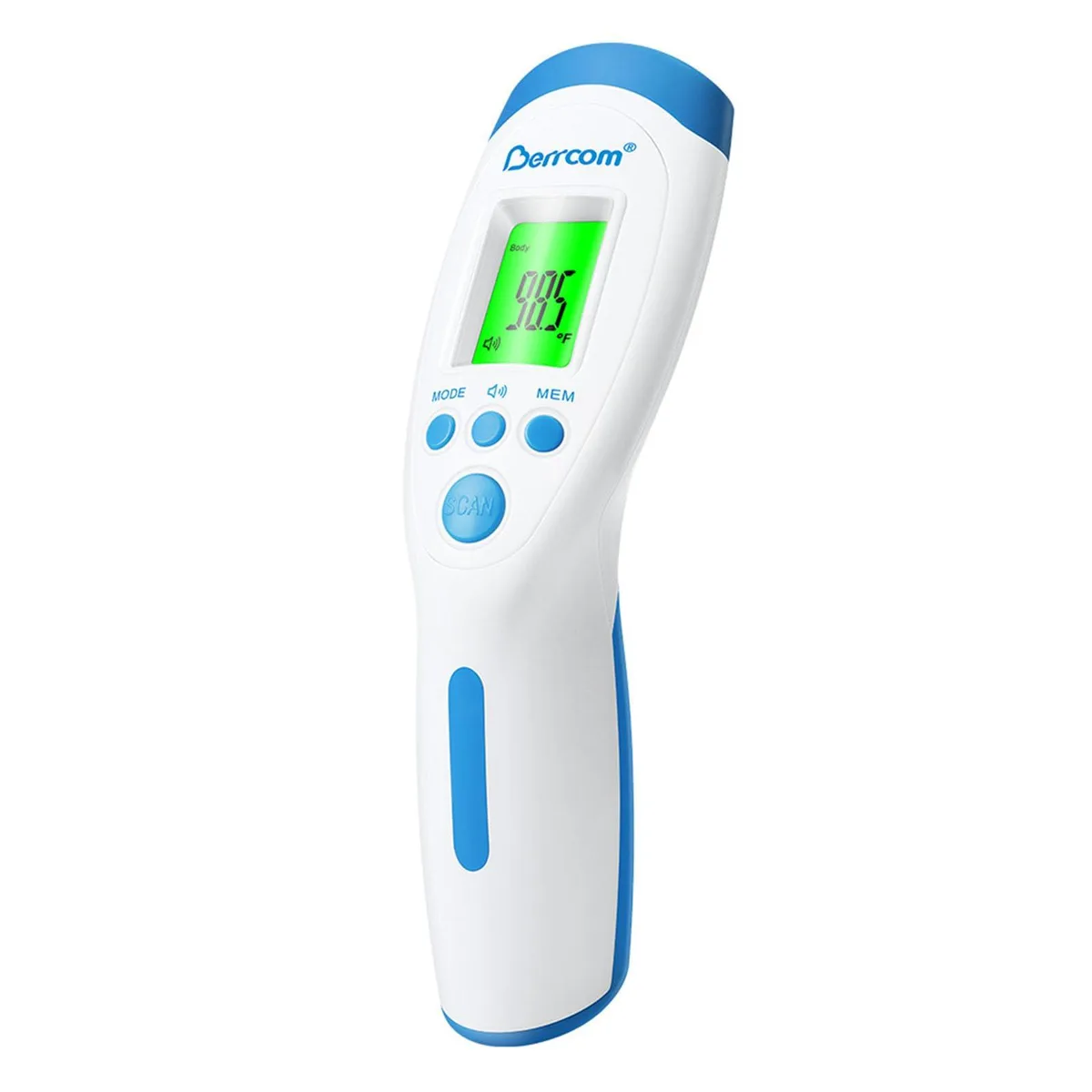 Light blue handheld infrared thermometer with LCD display