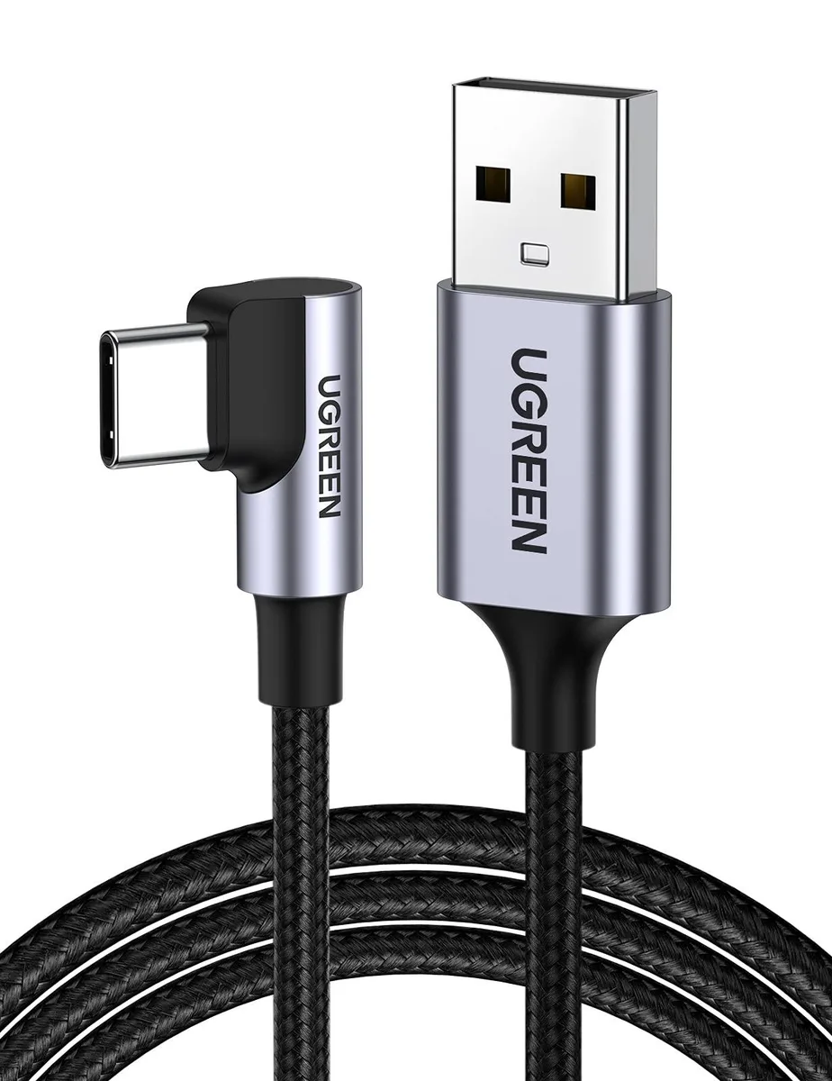 Black right-angle USB-A to USB-C cable, aluminium connector, nylon braid, 6.6FT