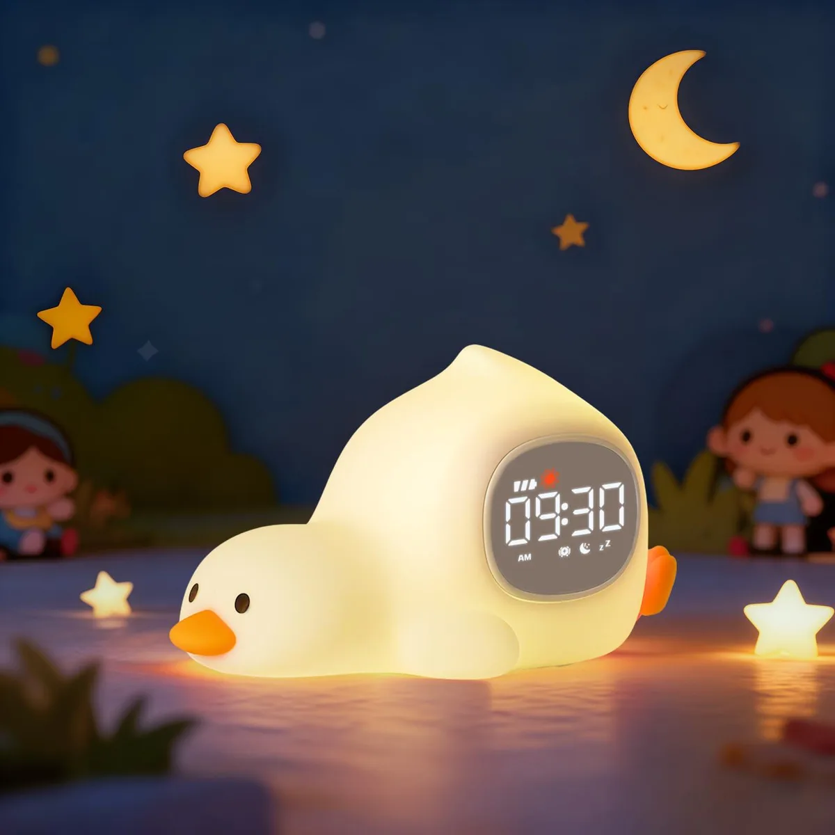 White silicone laying duck alarm clock with night light, 8.0 by 3.81 by 10.01 inches