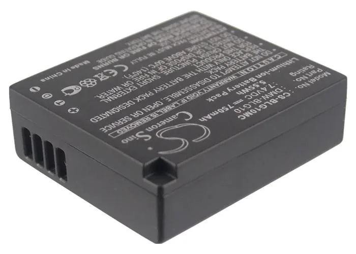 Rectangular camera battery with gold contacts and green label