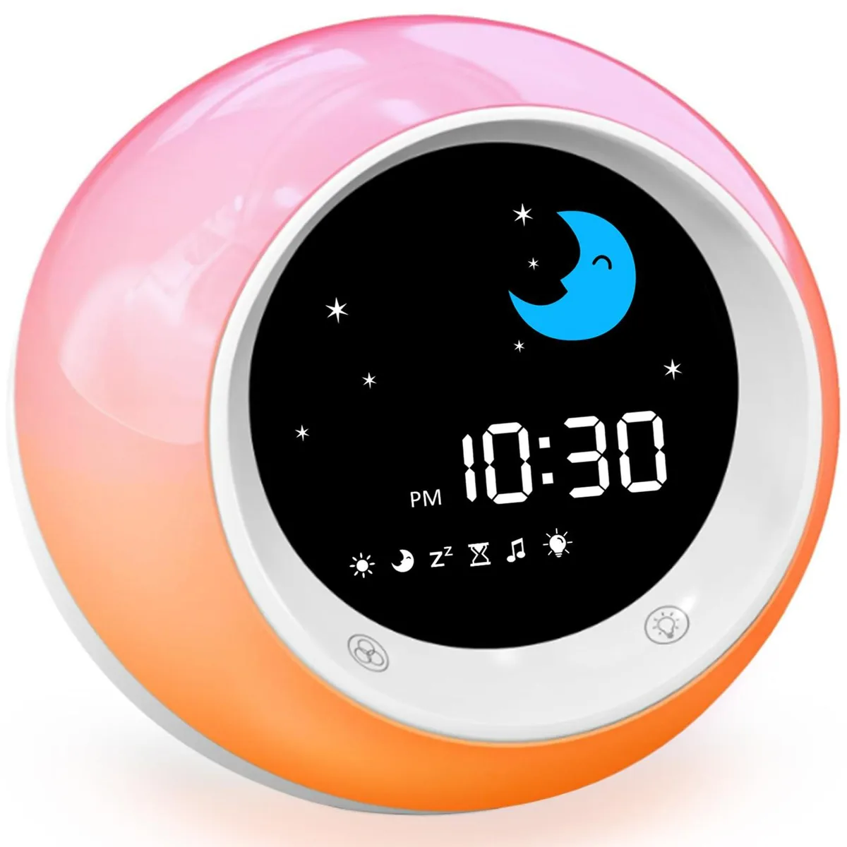 White rectangular sleep-training clock with sun and moon display