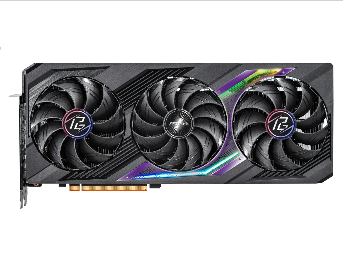 ASRock Phantom Gaming RX 7700 XT graphics card with triple-fan cooler and metal backplate