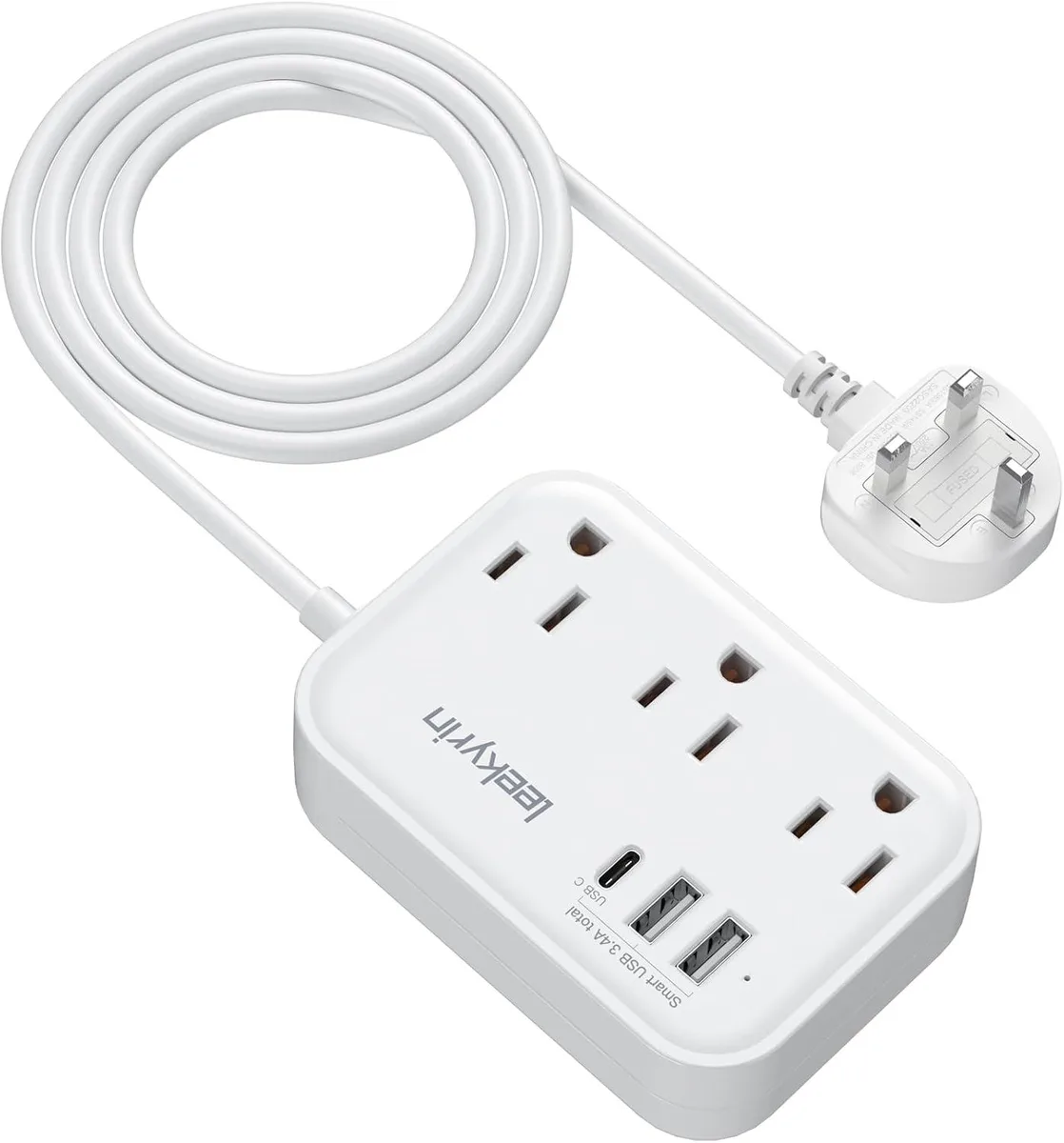 BASEUS BASEUS 13A UK Travel Adapter 3 Outlets 3 USB Ports USB-C 3ft Cord — product photo