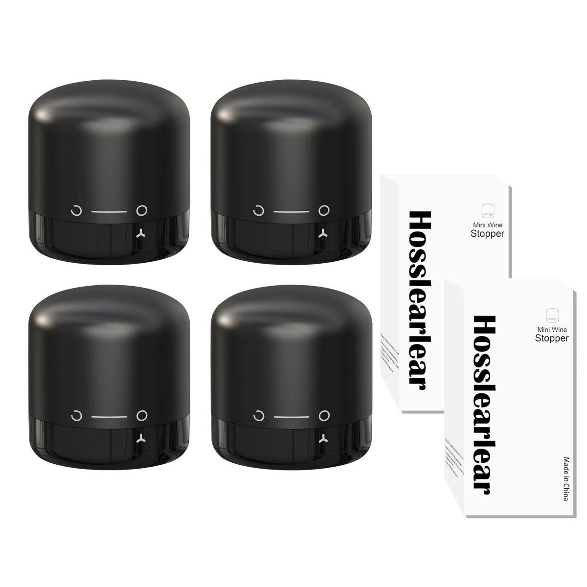 Four black silicone wine stoppers with twist-lock tops, compact cylindrical shape, matte finish