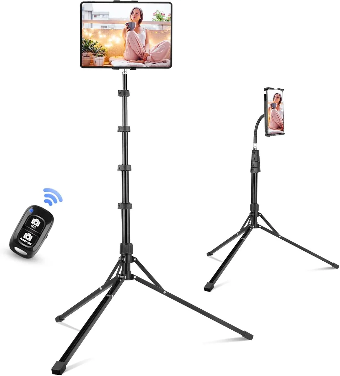 Silver metal tripod floor stand with extendable tablet holder, adjustable from 16 to 67 inches