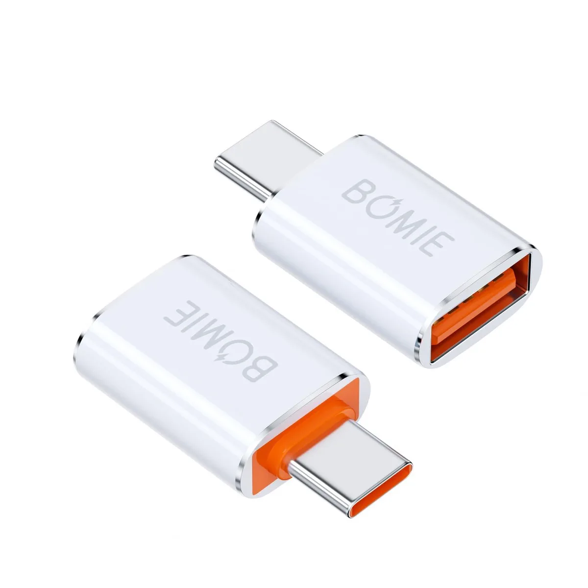 Two white USB-A to USB-C adapters side by side