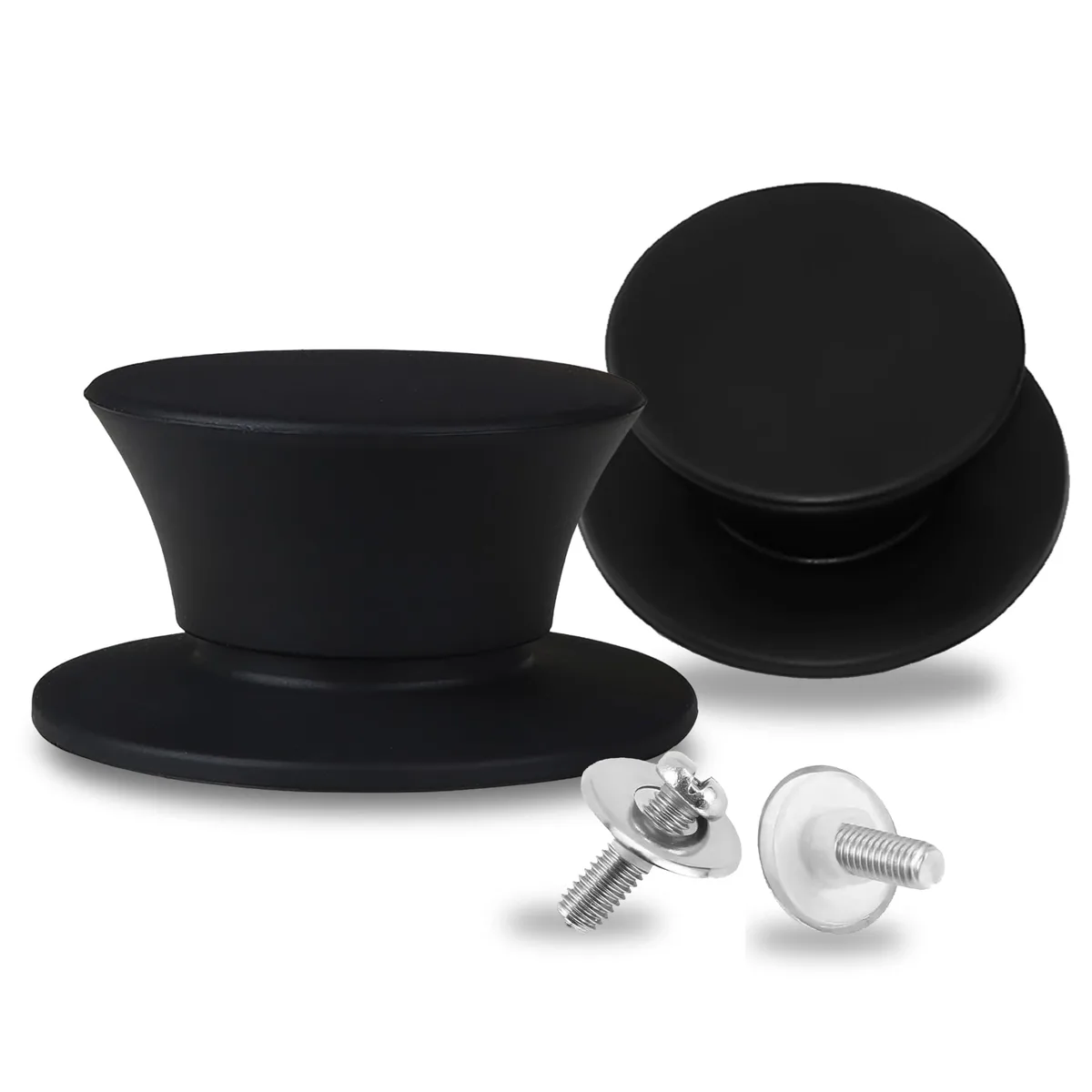 Two small round silicone knobs in soft grey, screw-on base, matte finish