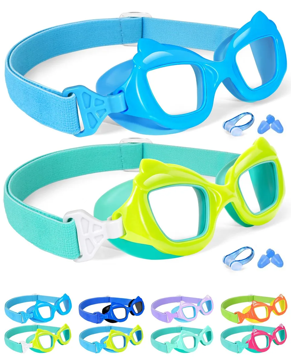 Two blue cat-shaped kids swim goggles with flat lenses and fabric straps