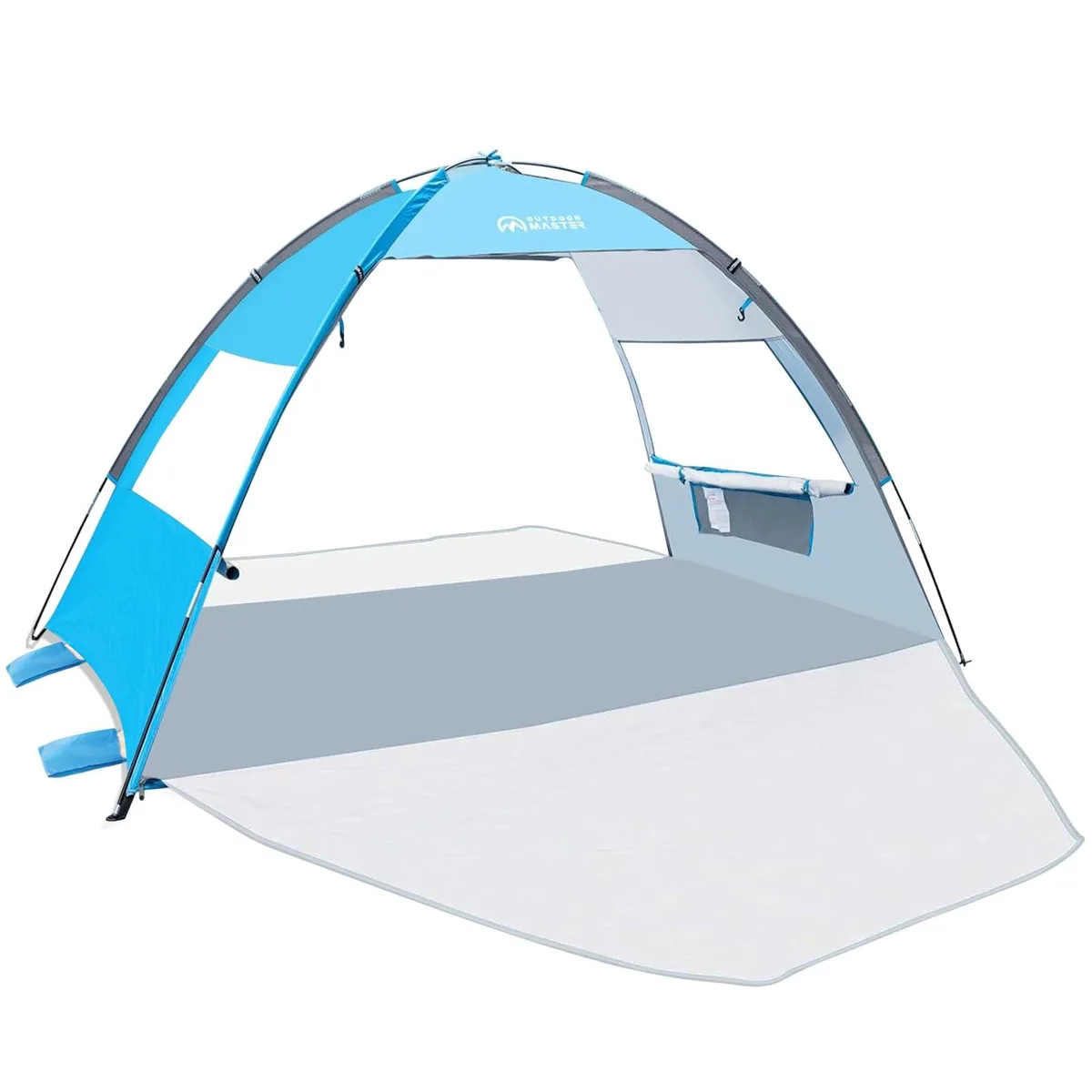 Blue pop-up beach tent with two zippered doors and mesh windows, fiberglass poles, compact carry bag
