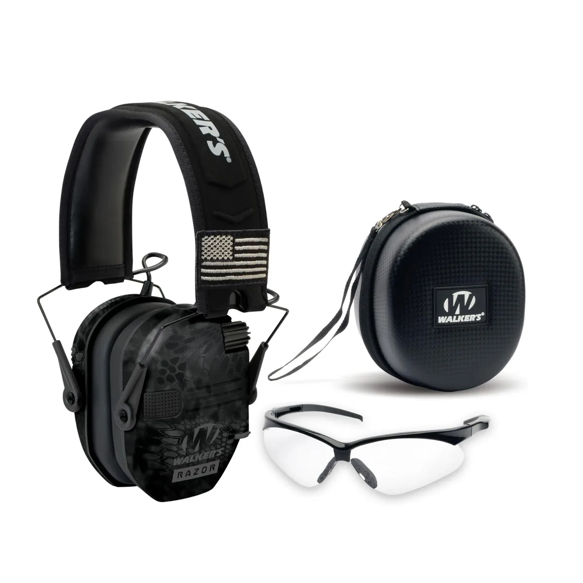 Walkers Walkers Razor Slim Electronic Muff Patriot Series Kryptek Camo with Case and Glasses — product photo