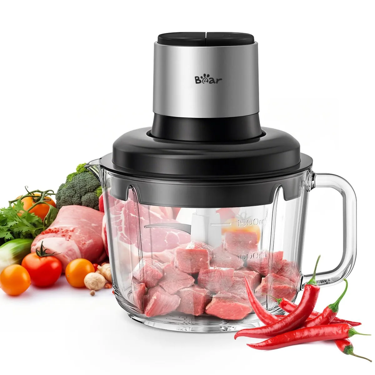 Black Bear QSJ-K03N5 food processor with 2 L glass bowl and stainless steel blades