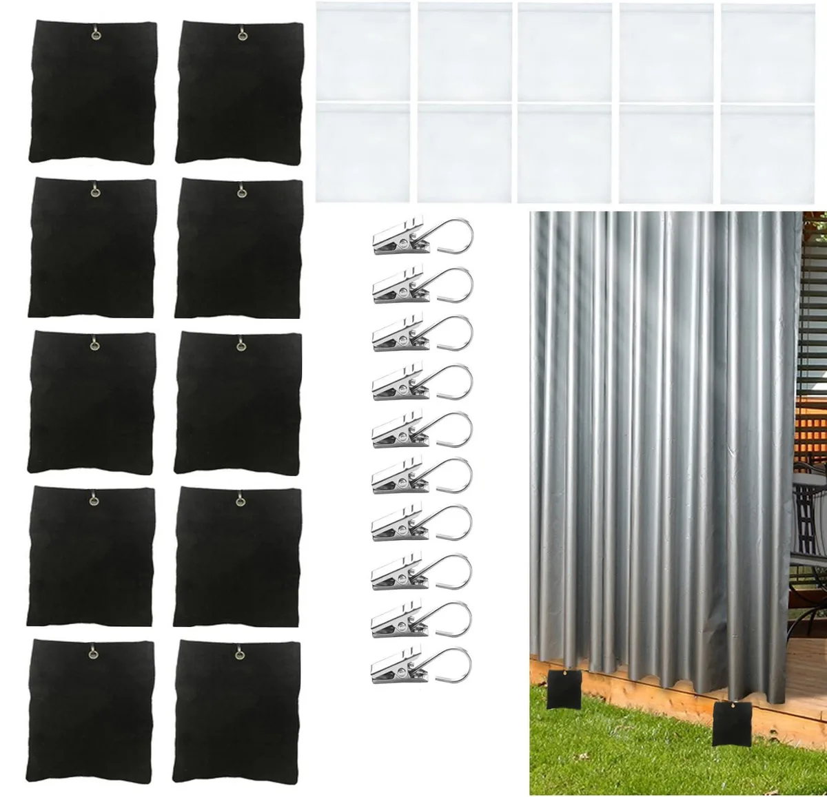 Ten black canvas weight bags with steel clips, empty for sand fill