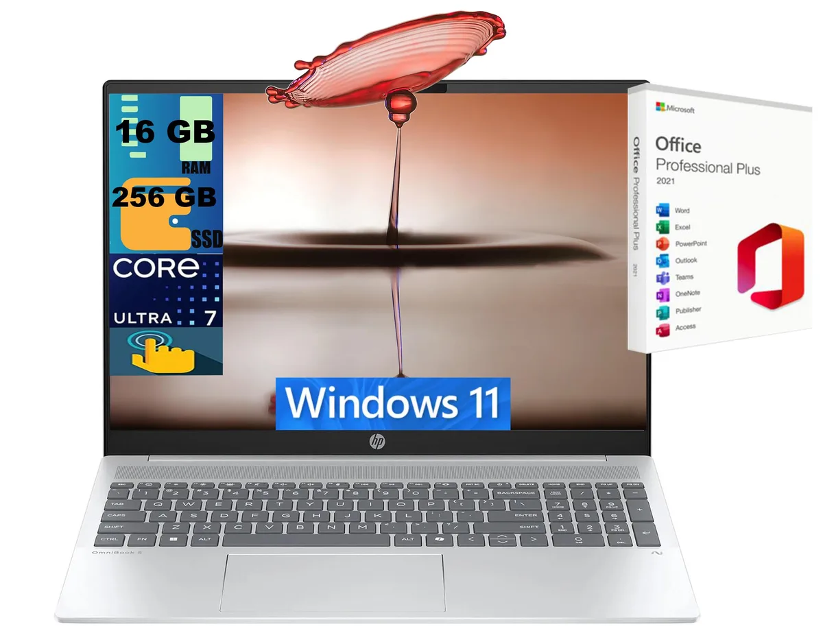 HP HP OmniBook 5 16 laptop, Ultra 7 255U 12-core, 16GB DDR4, 256GB PCIe, 16" WUXGA touchscreen, Silver — product photo