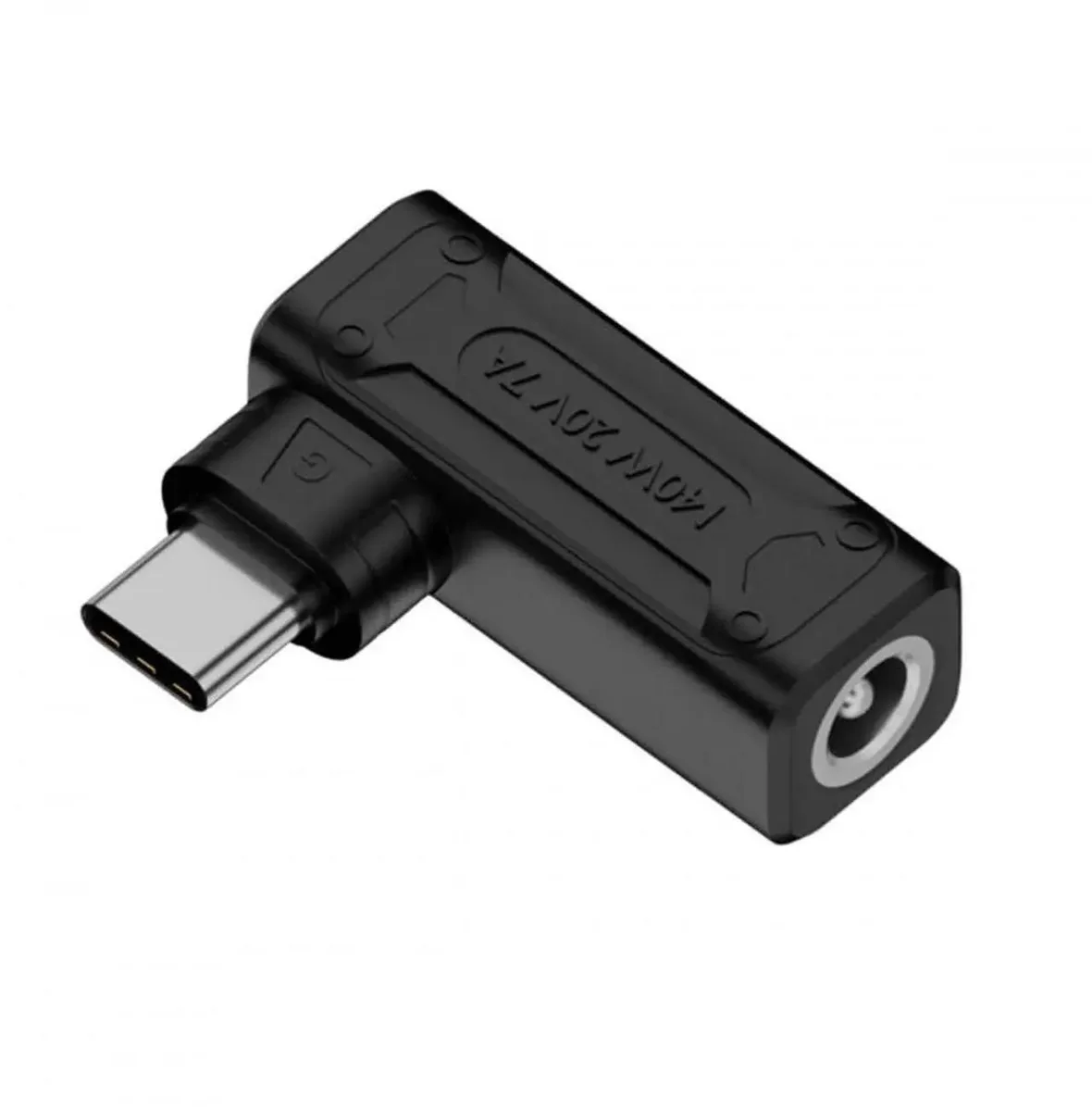 Black angled adapter with 5.5x2.1mm DC input and USB-C output