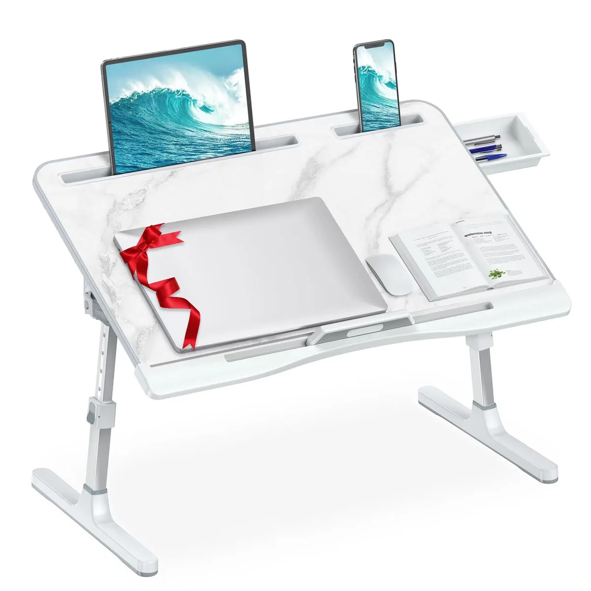 X-Large foldable desk with marble laminate finish and storage drawer