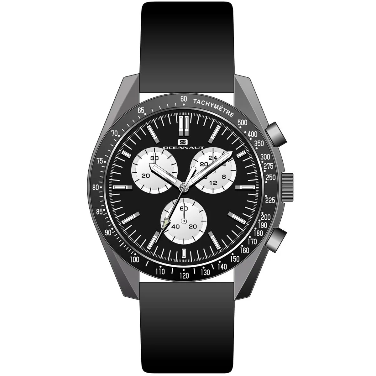 Black dial watch with stainless steel case and leather strap