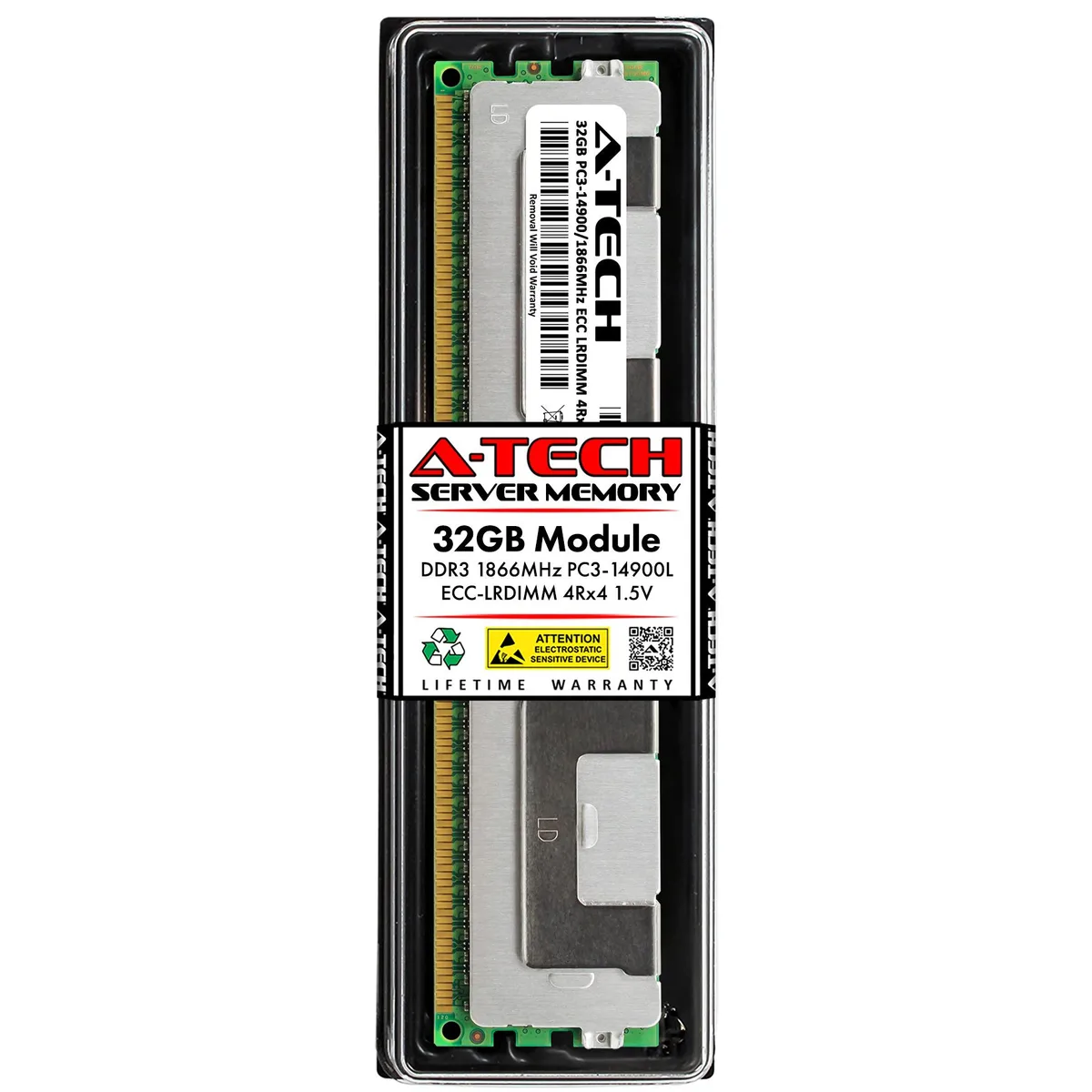 A green 240-pin DDR3 LRDIMM module with black memory chips and a silver label